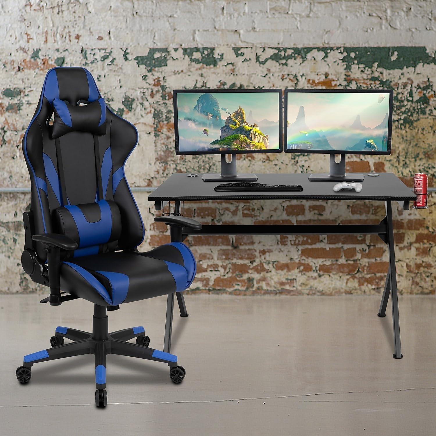 imageFlash Furniture Gaming Desk and Black Racing Chair SetCup HolderHeadphone HookRemovable Mouse Pad Top 2 Wire Management HolesBlue