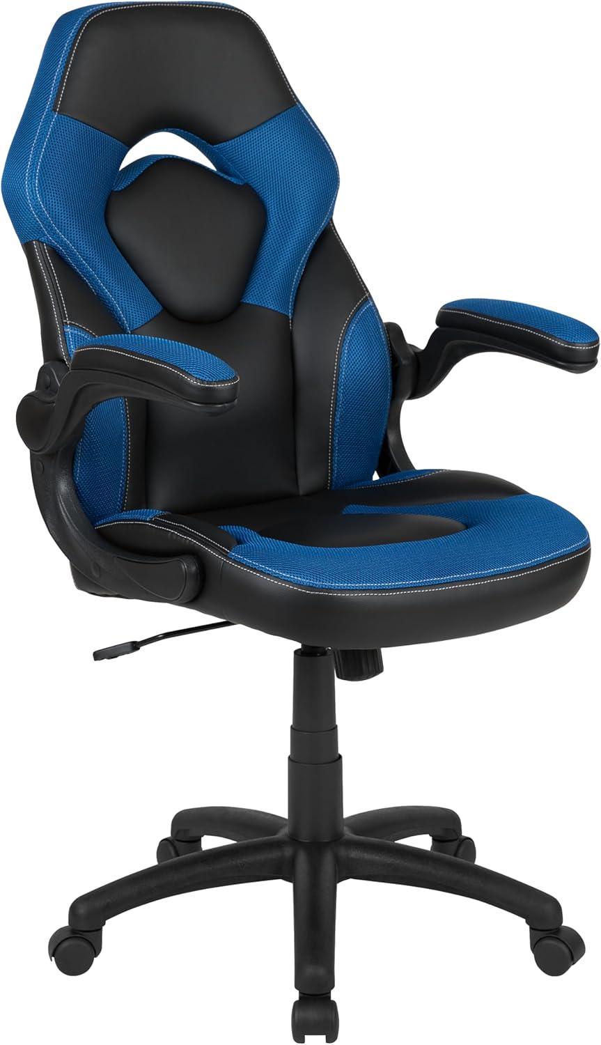 imageFlash Furniture Gaming Desk and Black Racing Chair SetCup HolderHeadphone HookRemovable Mouse Pad Top 2 Wire Management HolesBlue