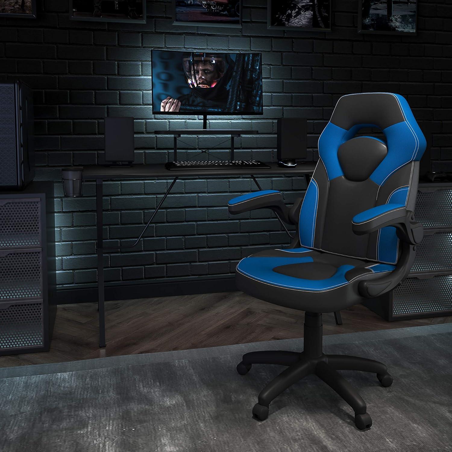 imageFlash Furniture Gaming Desk and Black Racing Chair SetCup HolderHeadphone HookRemovable Mouse Pad Top 2 Wire Management HolesBlue