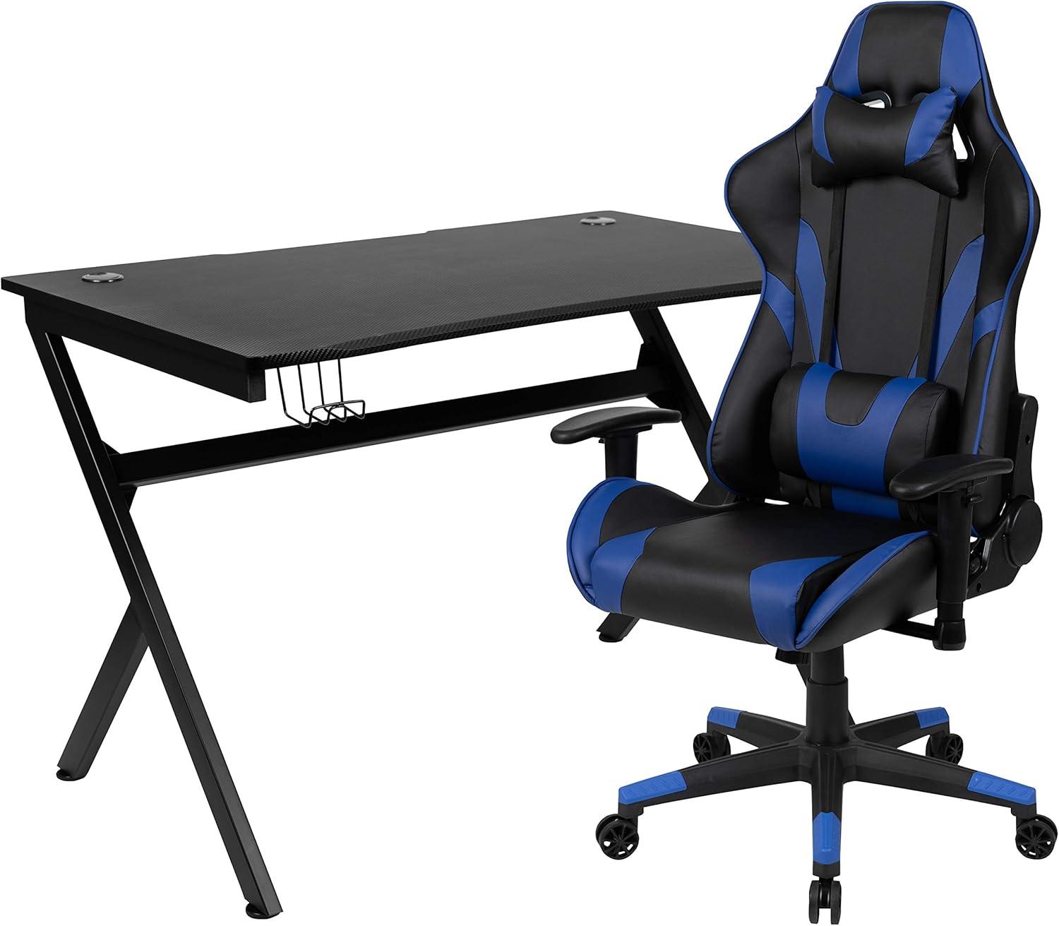 imageFlash Furniture Gaming Desk and Black Racing Chair SetCup HolderHeadphone HookRemovable Mouse Pad Top 2 Wire Management HolesBlue