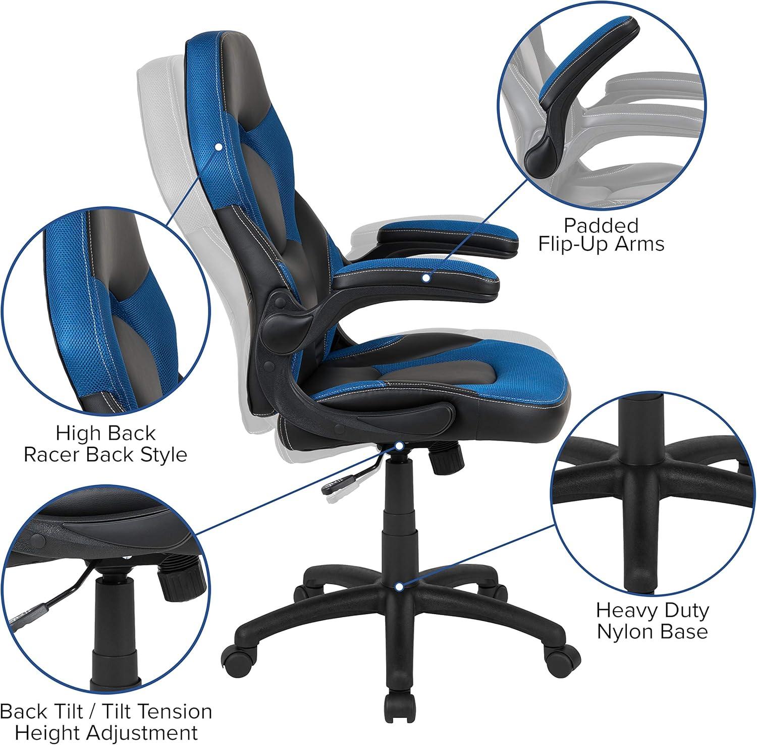imageFlash Furniture Gaming Desk and Black Racing Chair SetCup HolderHeadphone HookRemovable Mouse Pad Top 2 Wire Management HolesBlue