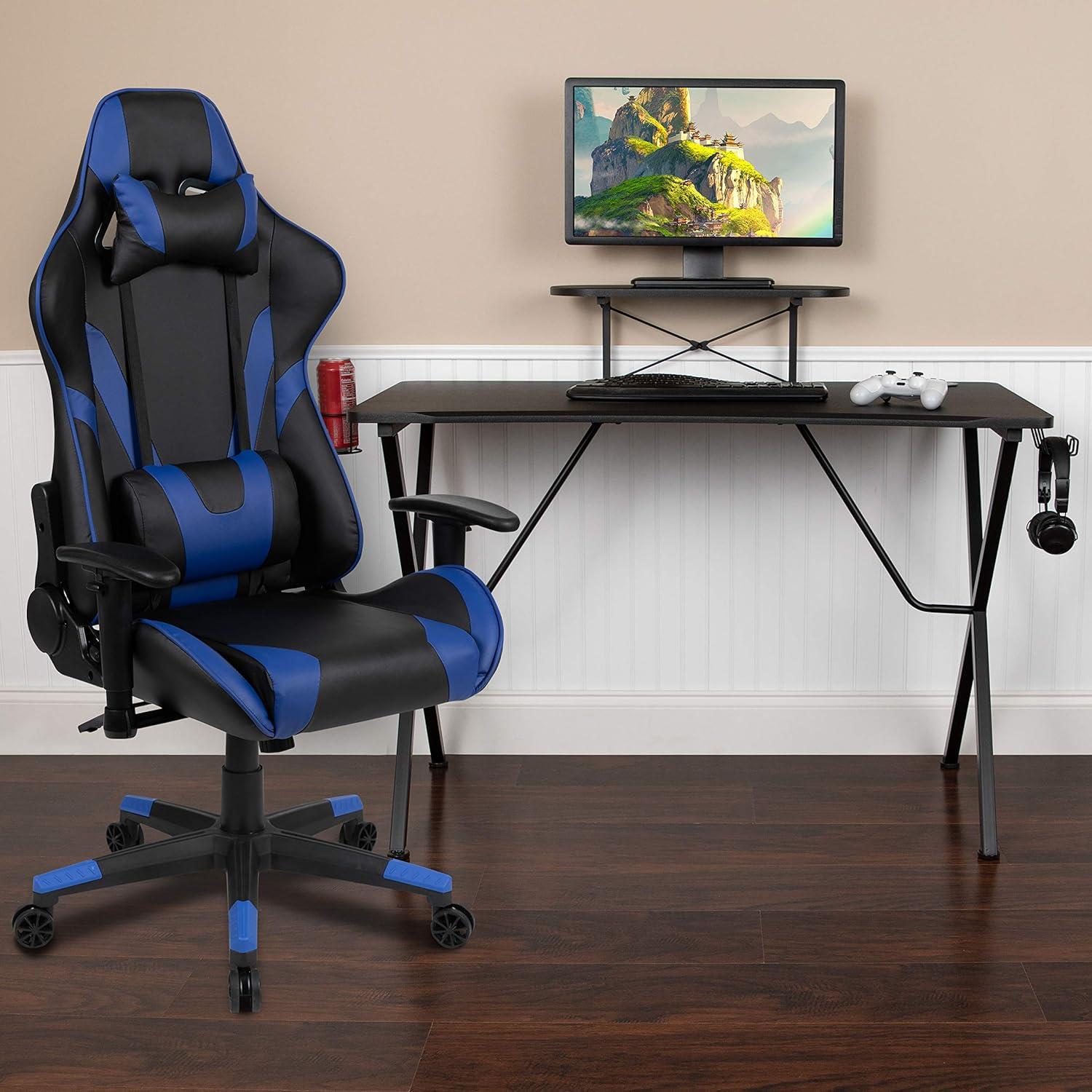 imageFlash Furniture Gaming Desk and Black Racing Chair SetCup HolderHeadphone HookRemovable Mouse Pad Top 2 Wire Management HolesBlue