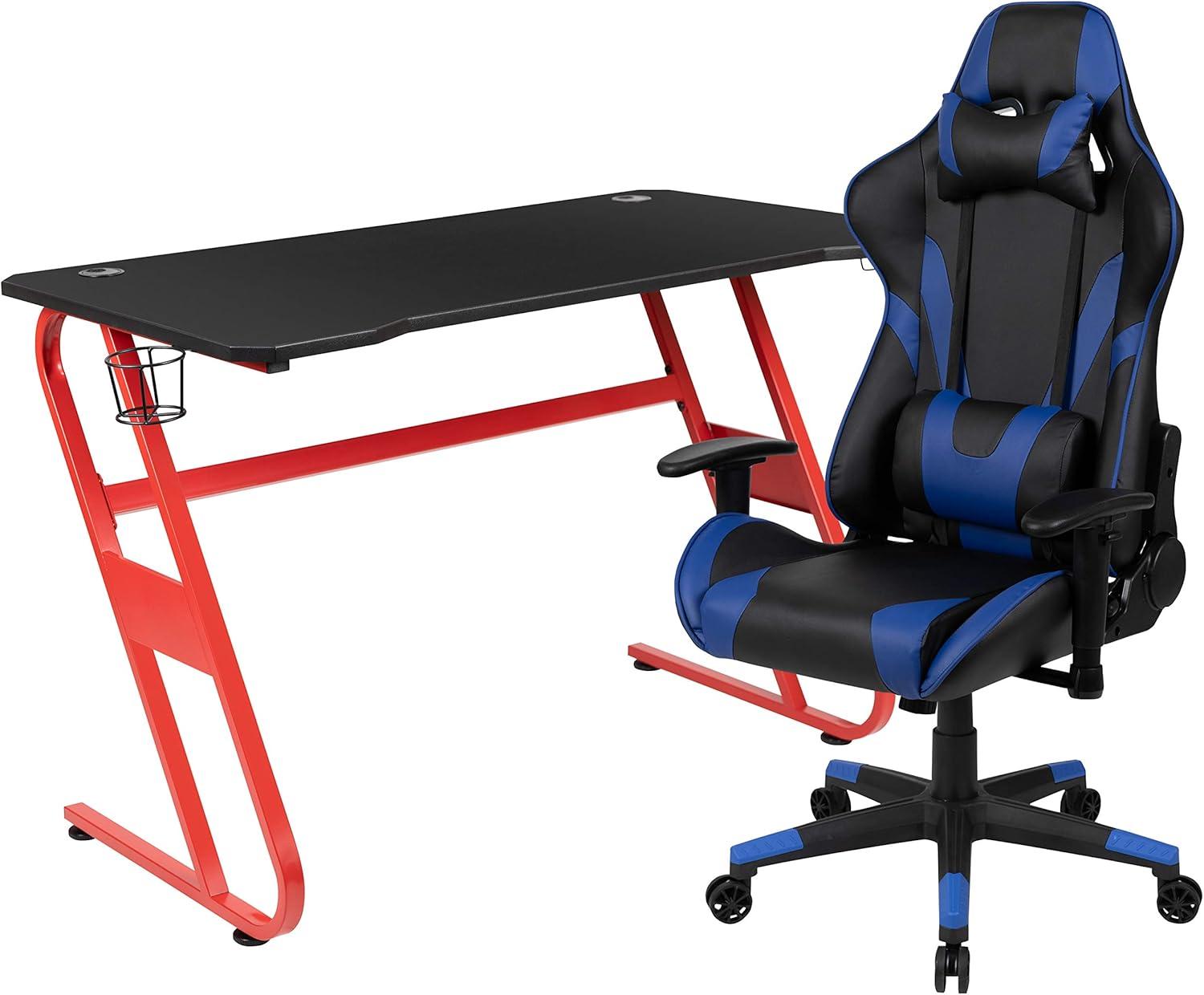 imageFlash Furniture Gaming Desk and Black Racing Chair SetCup HolderHeadphone HookRemovable Mouse Pad Top 2 Wire Management HolesBlue