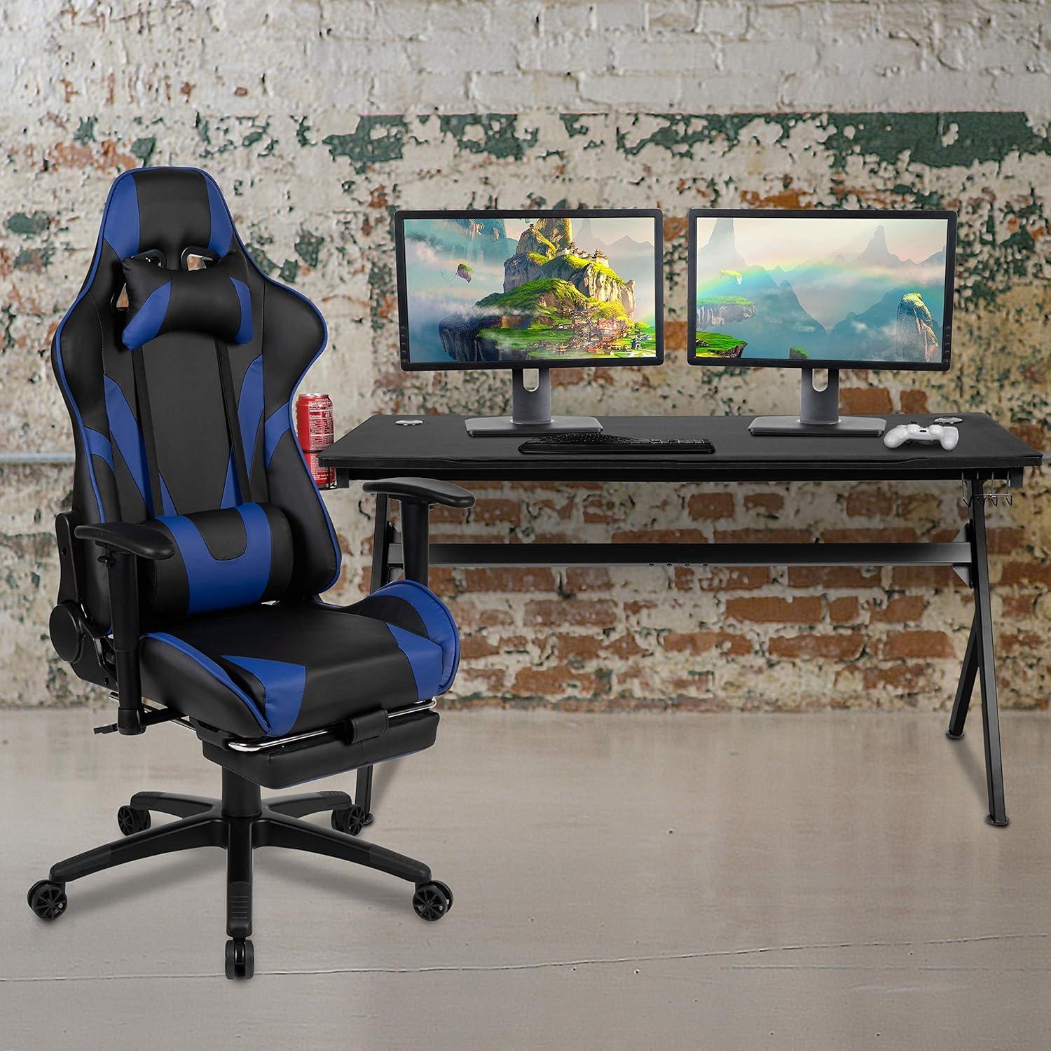 imageFlash Furniture Gaming Desk and Black Racing Chair SetCup HolderHeadphone HookRemovable Mouse Pad Top 2 Wire Management HolesBlue