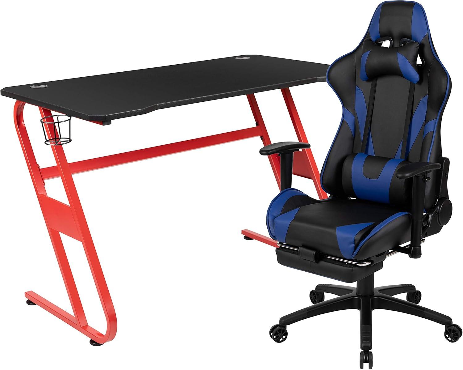 imageFlash Furniture Gaming Desk and Black Racing Chair SetCup HolderHeadphone HookRemovable Mouse Pad Top 2 Wire Management HolesBlue