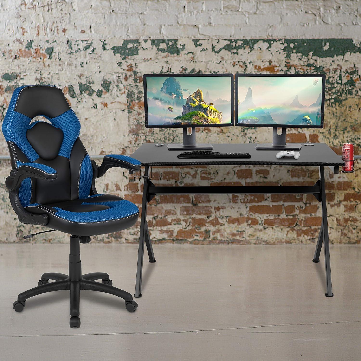 imageFlash Furniture Gaming Desk and Black Racing Chair SetCup HolderHeadphone HookRemovable Mouse Pad Top 2 Wire Management HolesBlue