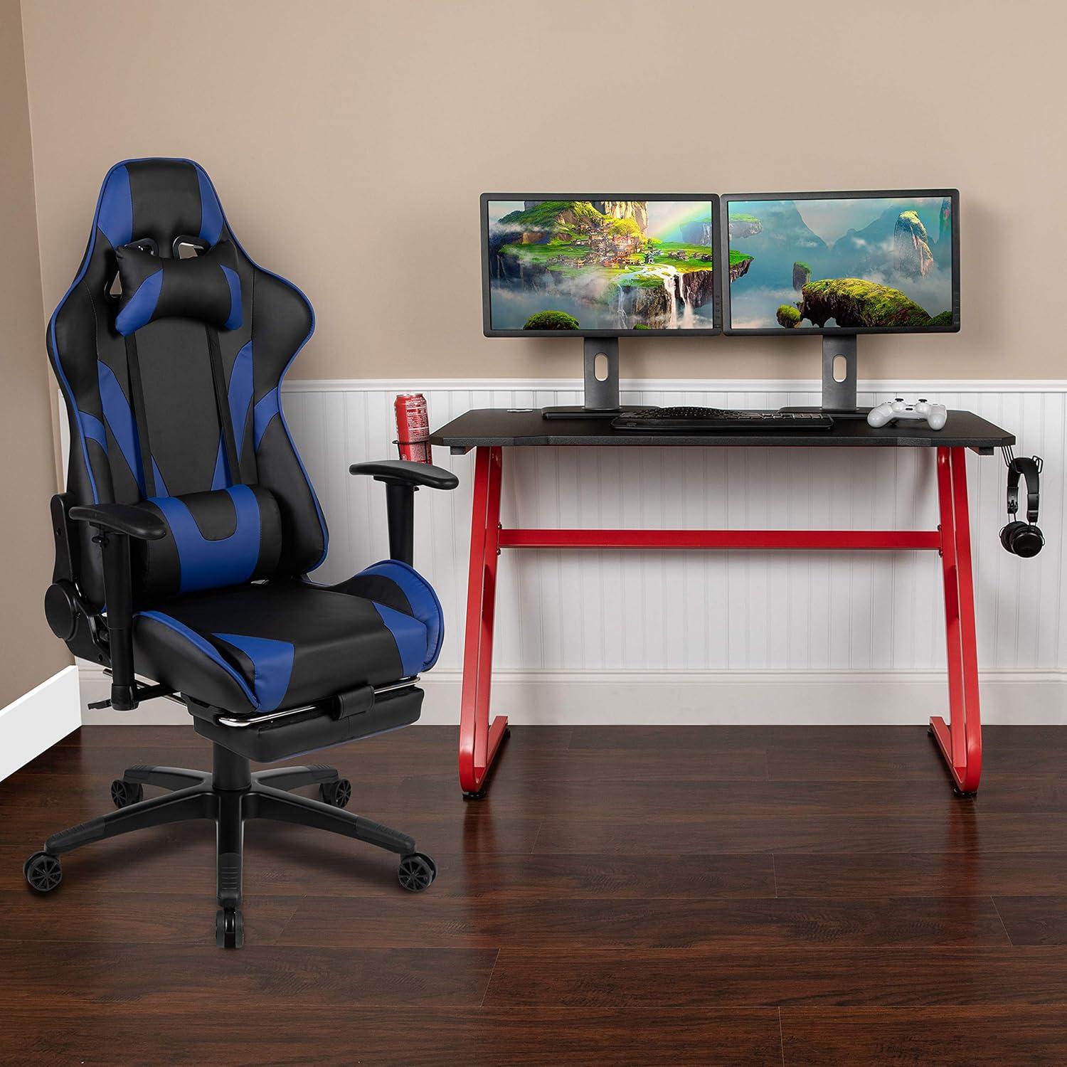imageFlash Furniture Gaming Desk and Black Racing Chair SetCup HolderHeadphone HookRemovable Mouse Pad Top 2 Wire Management HolesBlue