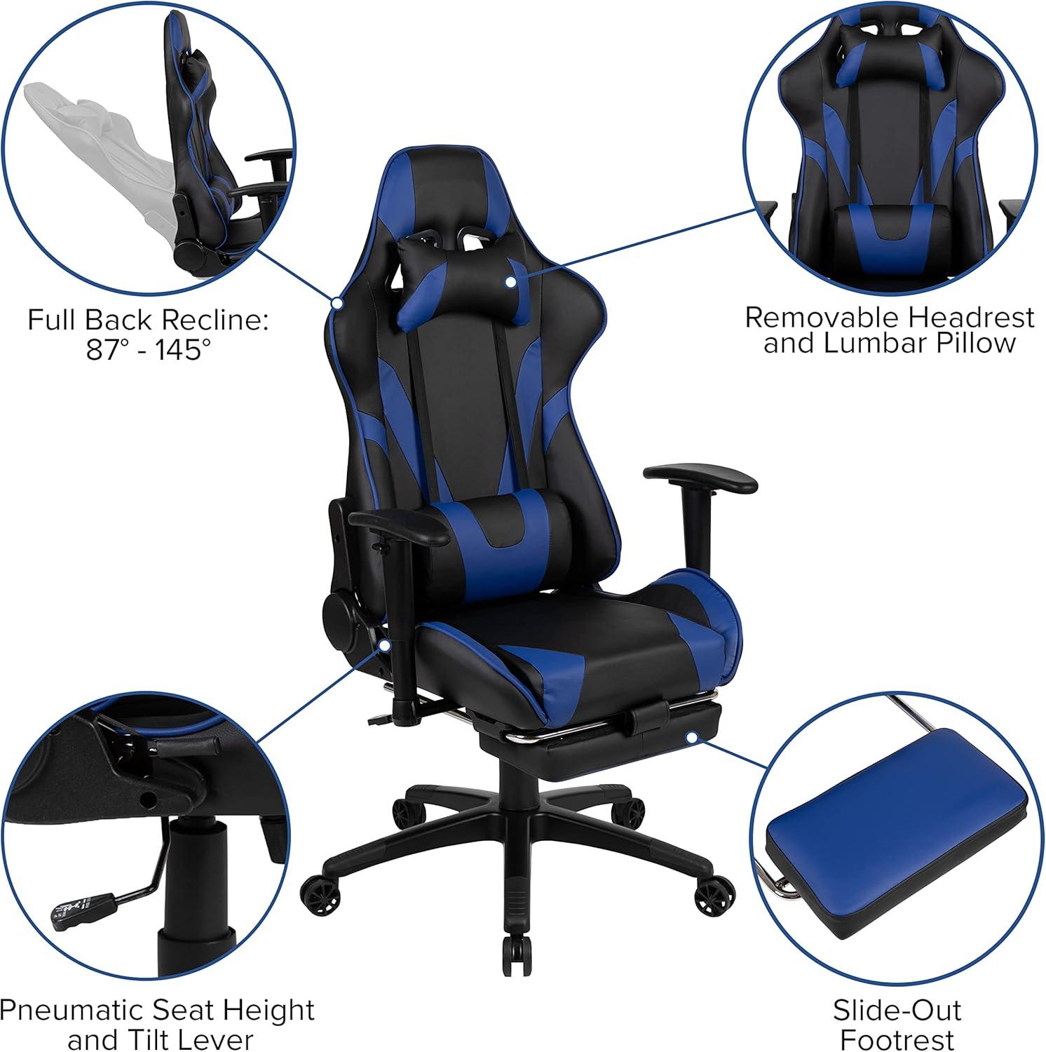 imageFlash Furniture Gaming Desk and Black Racing Chair SetCup HolderHeadphone HookRemovable Mouse Pad Top 2 Wire Management HolesBlue