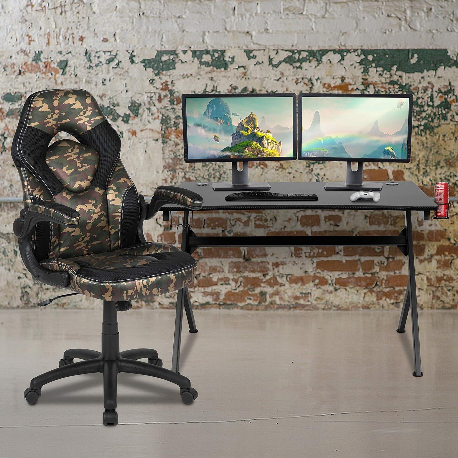 imageFlash Furniture Gaming Desk and Black Racing Chair SetCup HolderHeadphone HookRemovable Mouse Pad Top 2 Wire Management HolesCamouflage