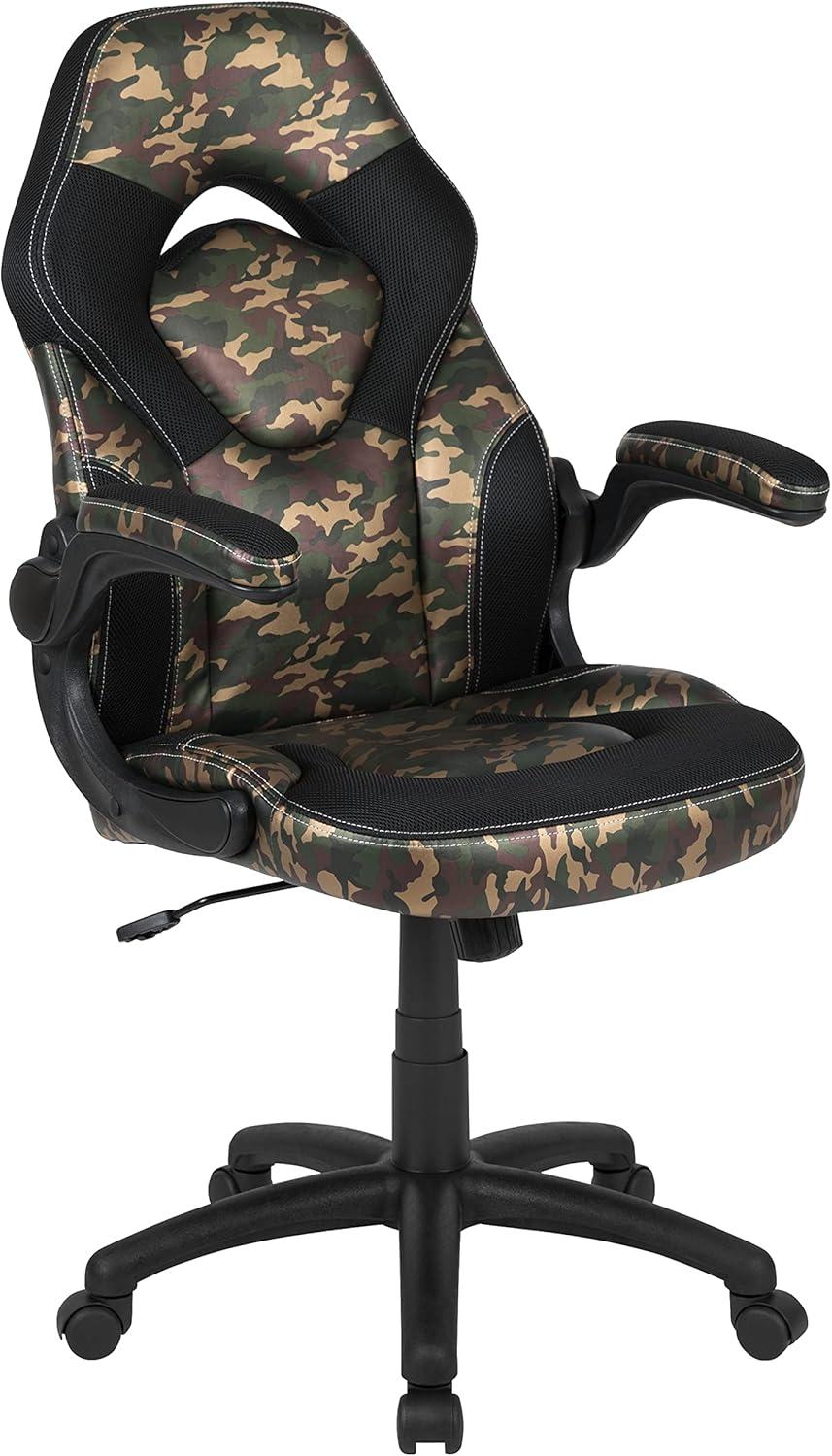 imageFlash Furniture Gaming Desk and Black Racing Chair SetCup HolderHeadphone HookRemovable Mouse Pad Top 2 Wire Management HolesCamouflage