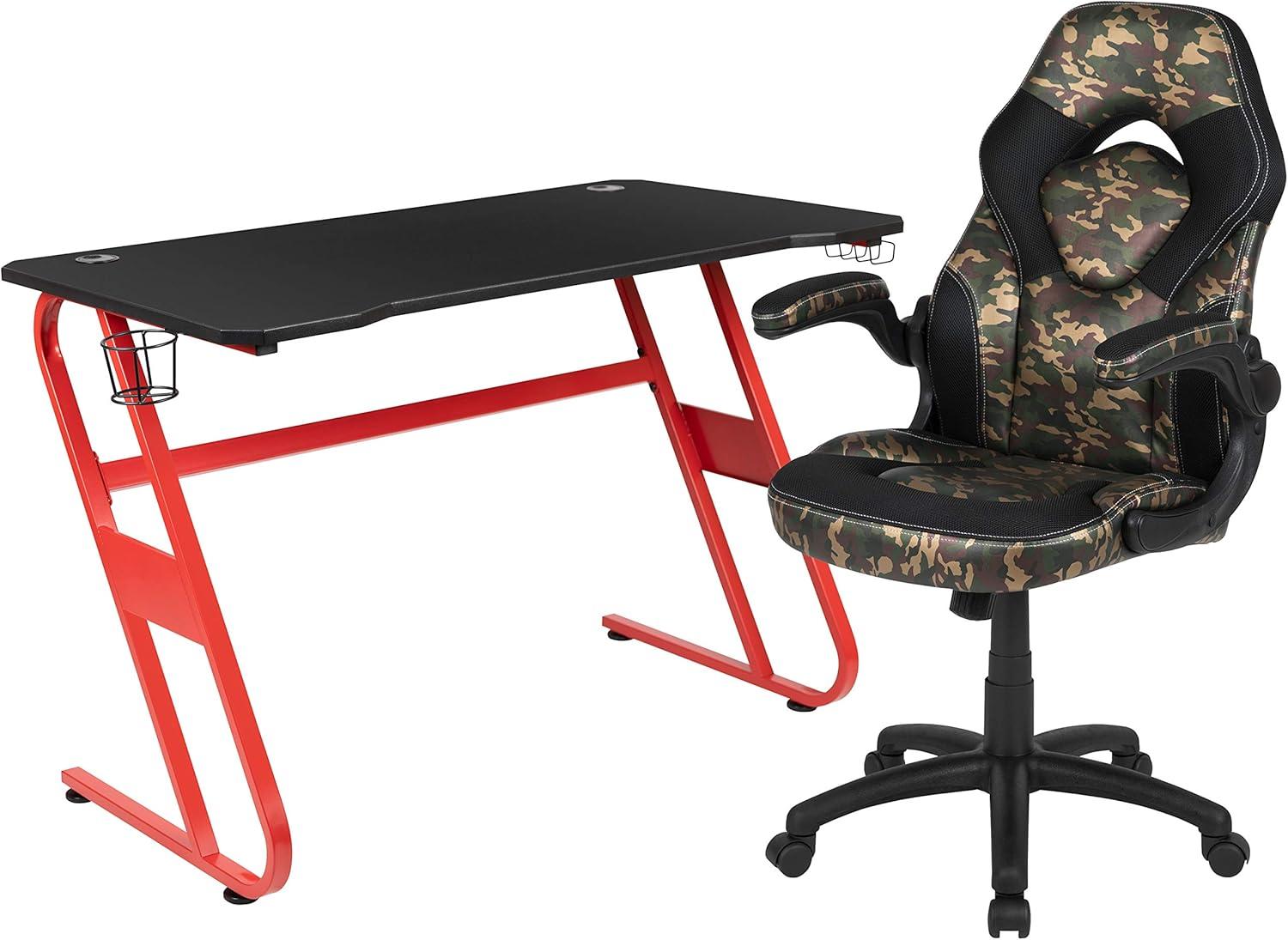 imageFlash Furniture Gaming Desk and Black Racing Chair SetCup HolderHeadphone HookRemovable Mouse Pad Top 2 Wire Management HolesCamouflage