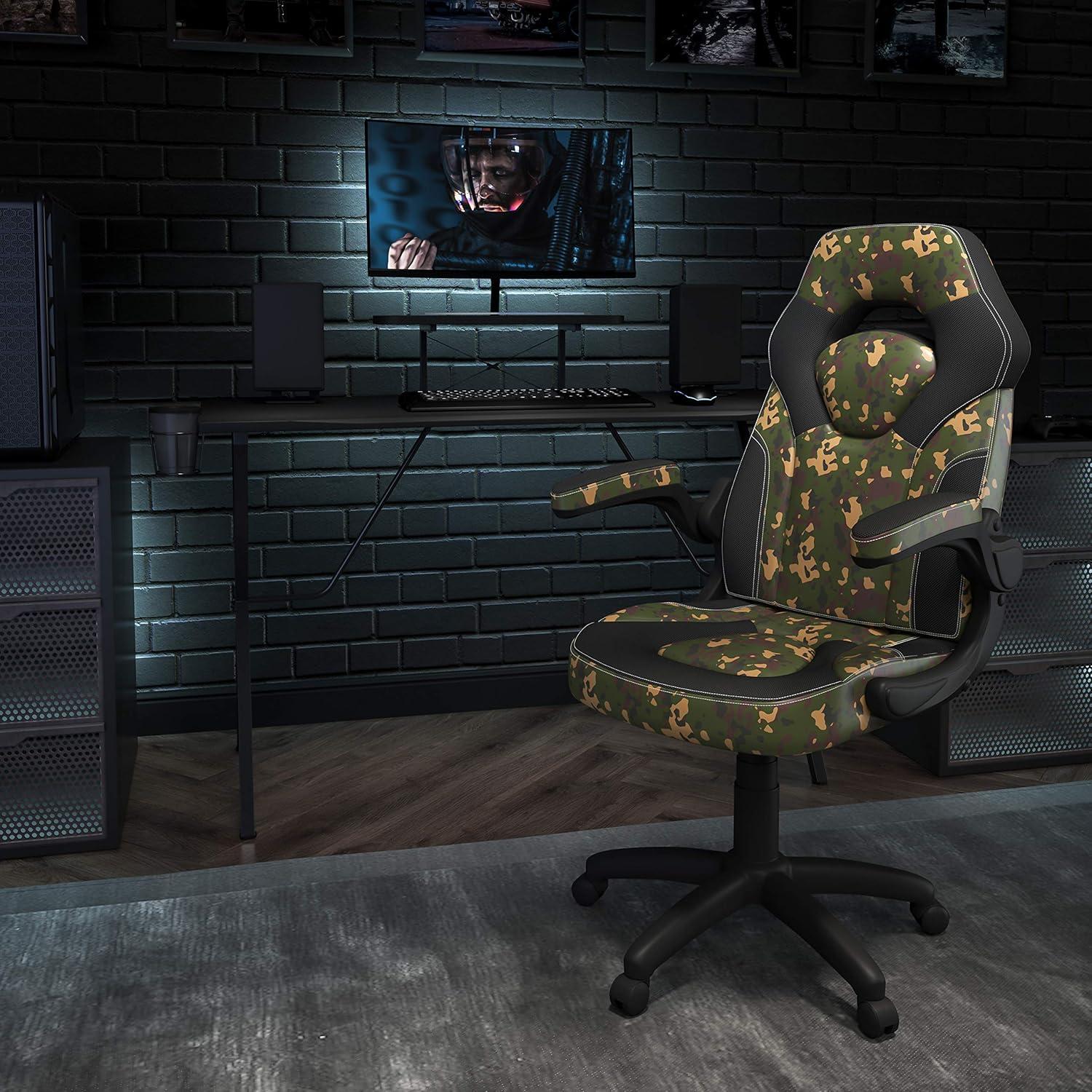 imageFlash Furniture Gaming Desk and Black Racing Chair SetCup HolderHeadphone HookRemovable Mouse Pad Top 2 Wire Management HolesCamouflage