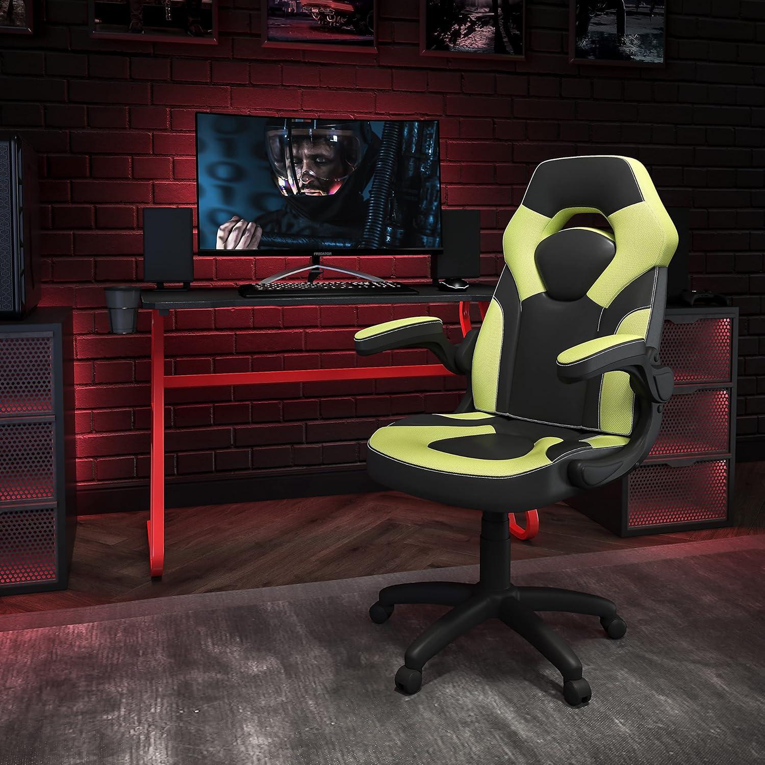 imageFlash Furniture Gaming Desk and Black Racing Chair SetCup HolderHeadphone HookRemovable Mouse Pad Top 2 Wire Management HolesGreen