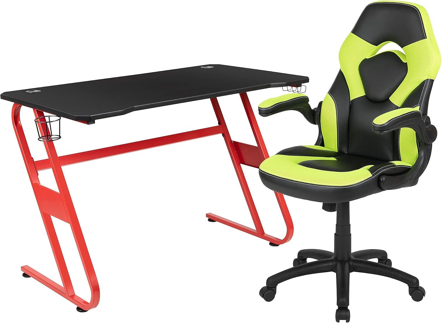 imageFlash Furniture Gaming Desk and Black Racing Chair SetCup HolderHeadphone HookRemovable Mouse Pad Top 2 Wire Management HolesGreen