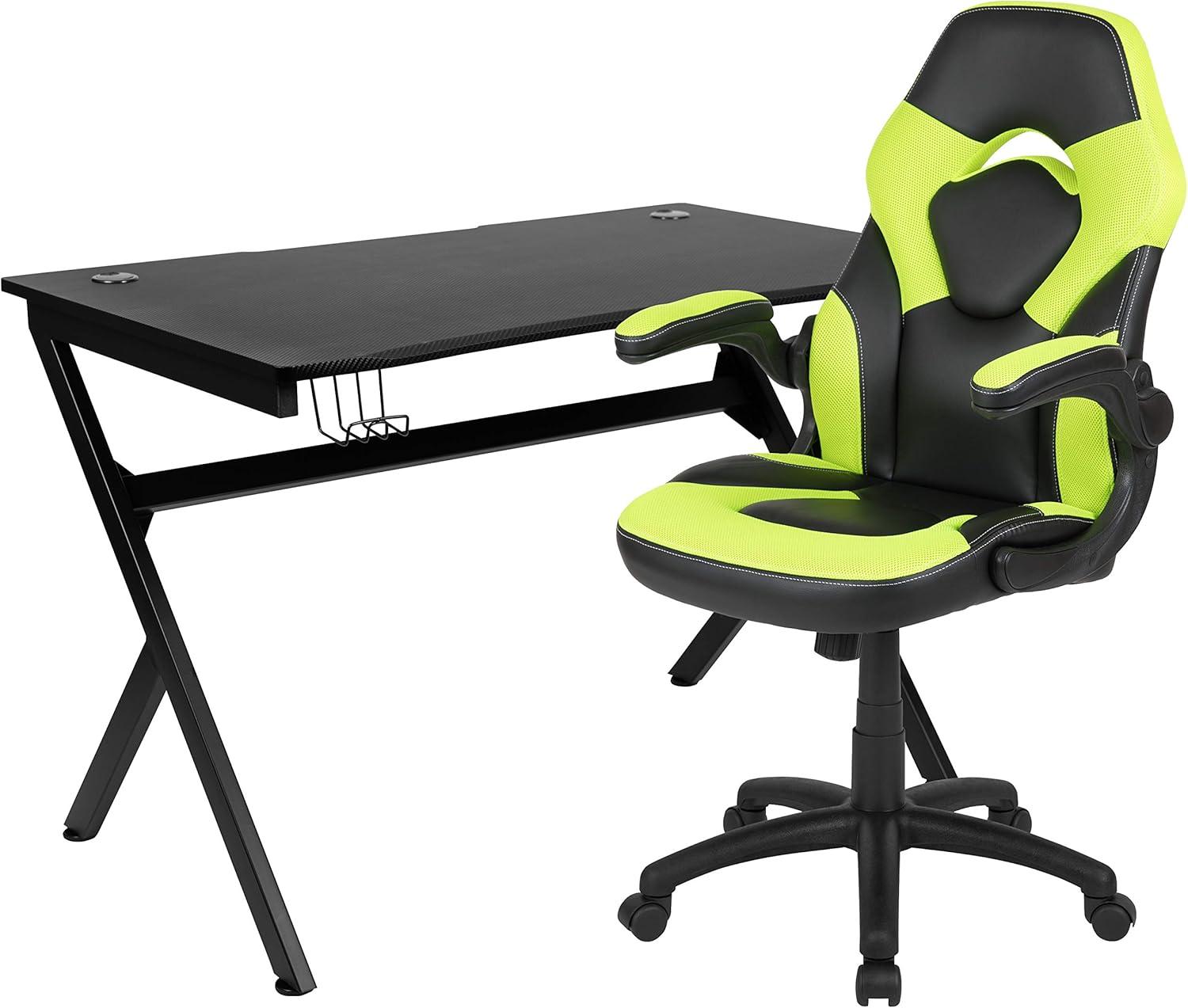 imageFlash Furniture Gaming Desk and Black Racing Chair SetCup HolderHeadphone HookRemovable Mouse Pad Top 2 Wire Management HolesGreen