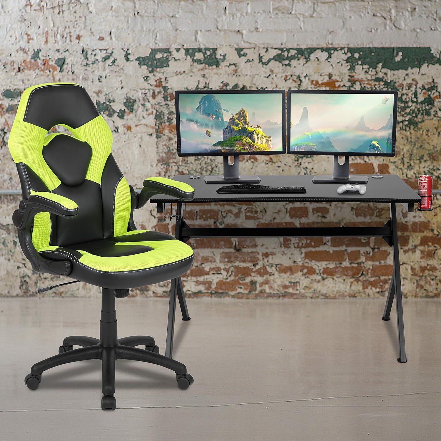 imageFlash Furniture Gaming Desk and Black Racing Chair SetCup HolderHeadphone HookRemovable Mouse Pad Top 2 Wire Management HolesGreen
