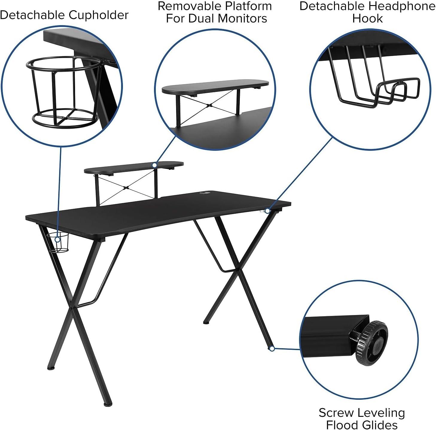 imageFlash Furniture Gaming Desk and Black Racing Chair SetCup HolderHeadphone HookRemovable Mouse Pad Top 2 Wire Management HolesGreen