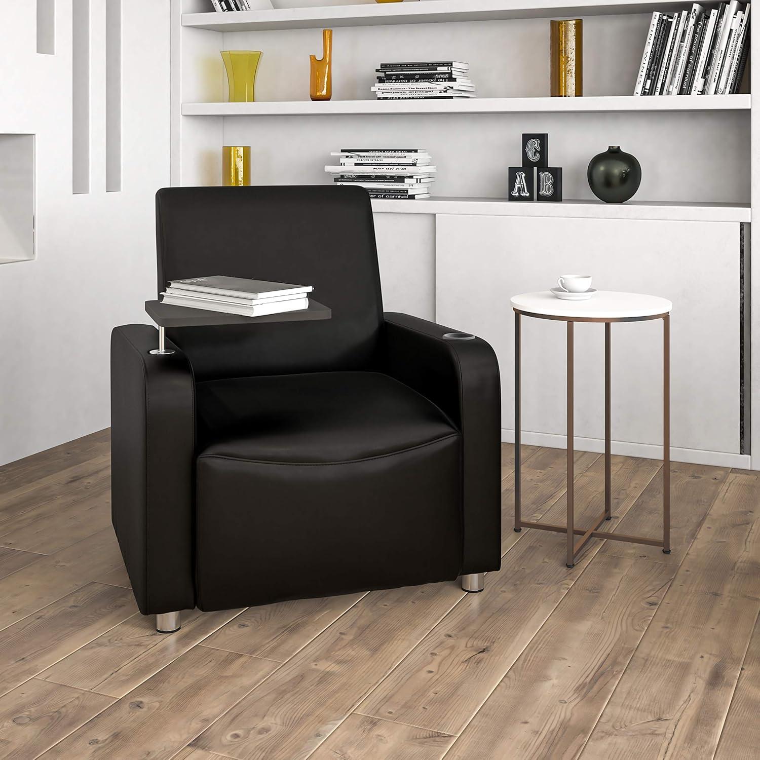 imageFlash Furniture George LeatherSoft Guest Chair with Tablet Arm and Cup Holder Upholstered Tablet Arm Chair for Offices and Waiting Rooms GrayBlack