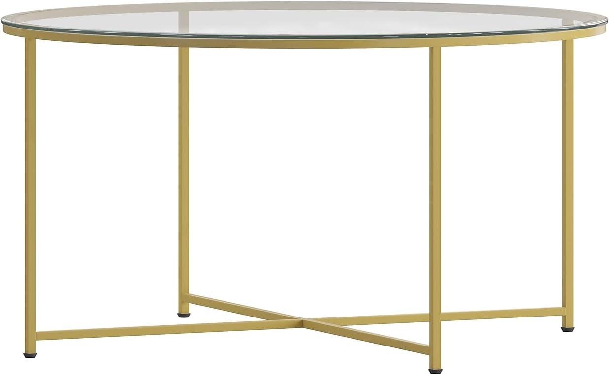 imageFlash Furniture Greenwich Collection Coffee Table Modern Clear Glass Coffee Table Crisscross Brushed Gold Frame