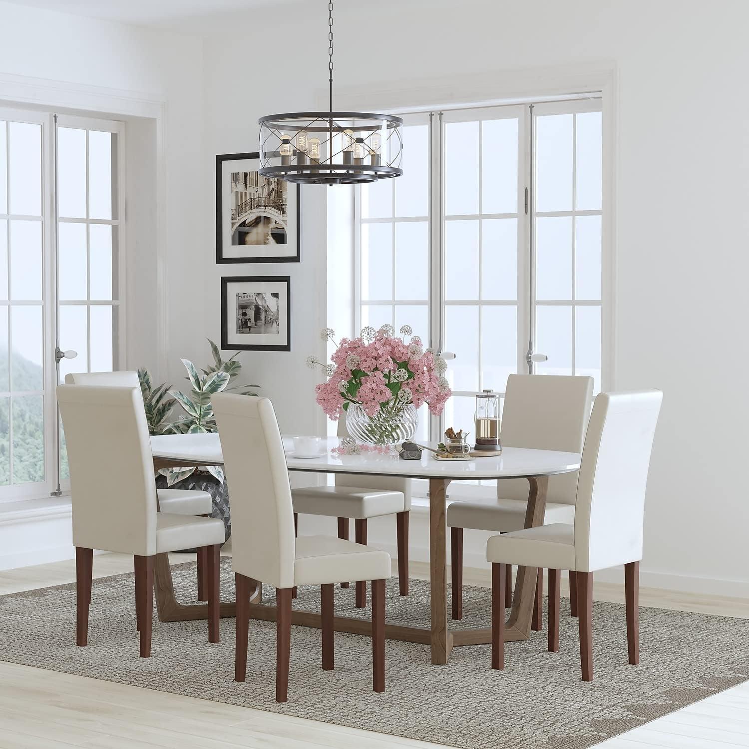 imageFlash Furniture Greenwich Series Black LeatherSoft Upholstered Panel Back MidCentury Parsons Dining ChairBeige Leathersoft