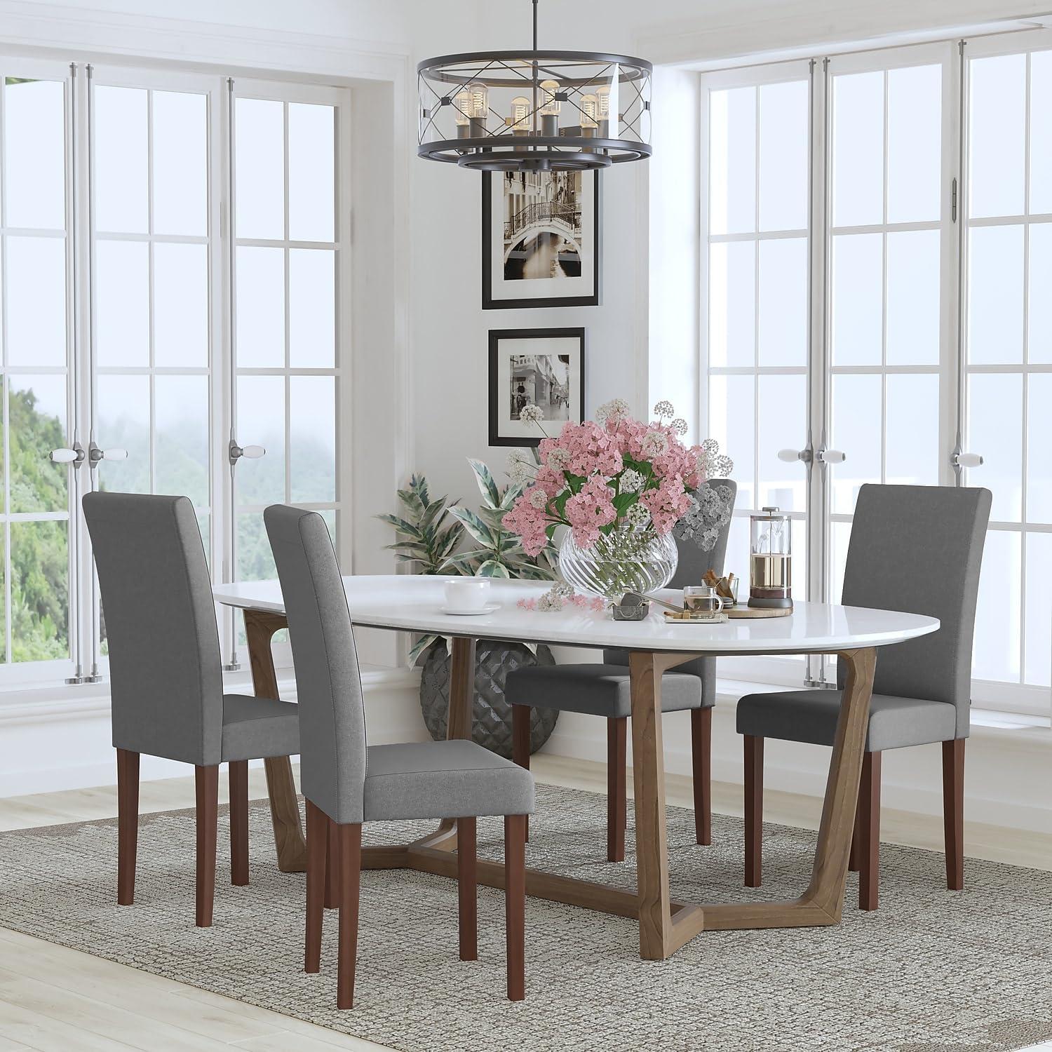 imageFlash Furniture Greenwich Series Black LeatherSoft Upholstered Panel Back MidCentury Parsons Dining ChairLight Gray Fabric