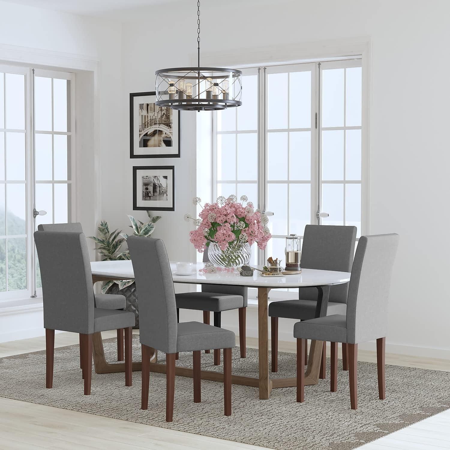 imageFlash Furniture Greenwich Series Black LeatherSoft Upholstered Panel Back MidCentury Parsons Dining ChairLight Gray Fabric