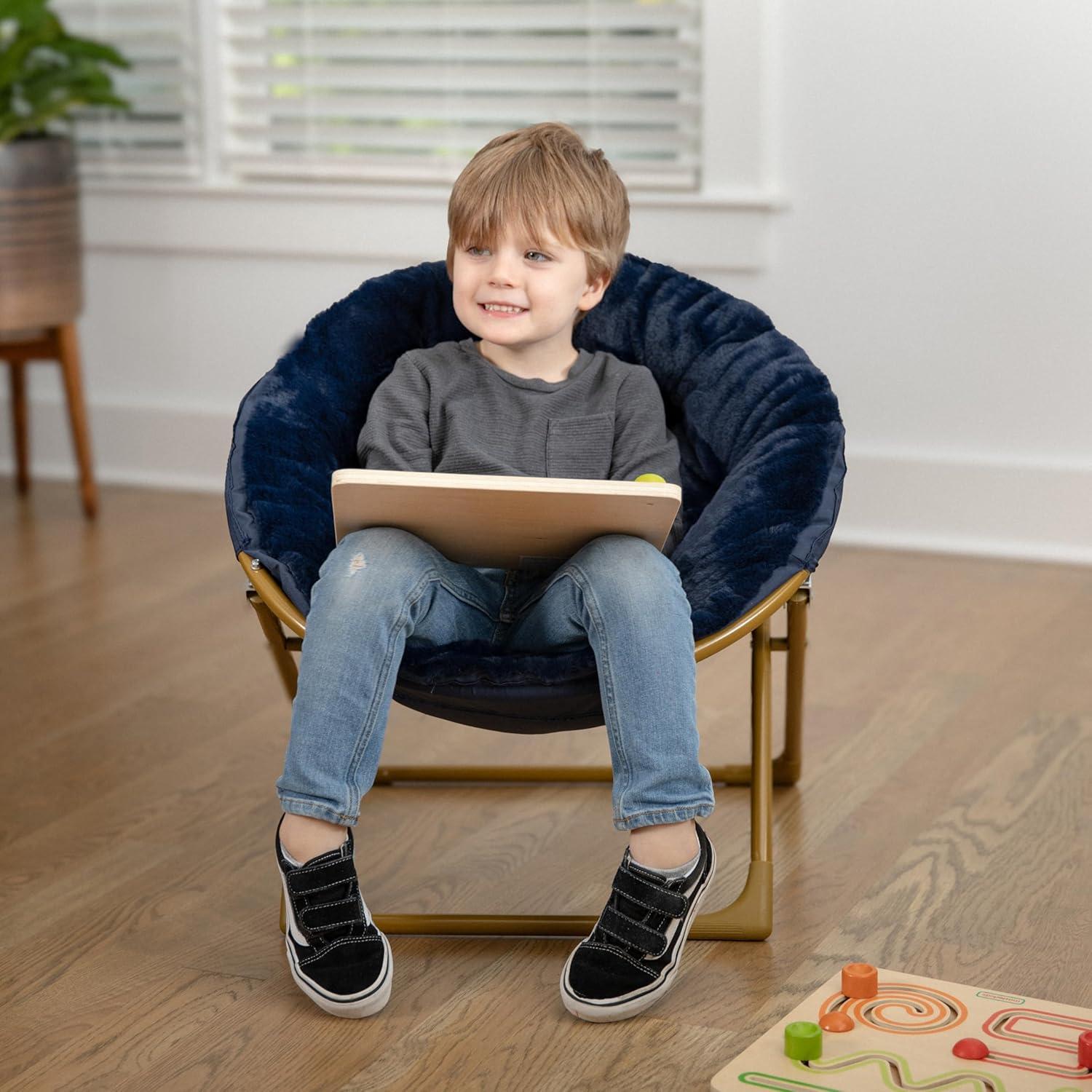 imageFlash Furniture Gwen Kids Cozy Mini Folding Saucer Chair Navy Faux Fur Moon Chair Soft Gold Metal Frame 23quot Portable Folding Chair For Living Room or BedroomNavy Faux FurSoft Gold Frame