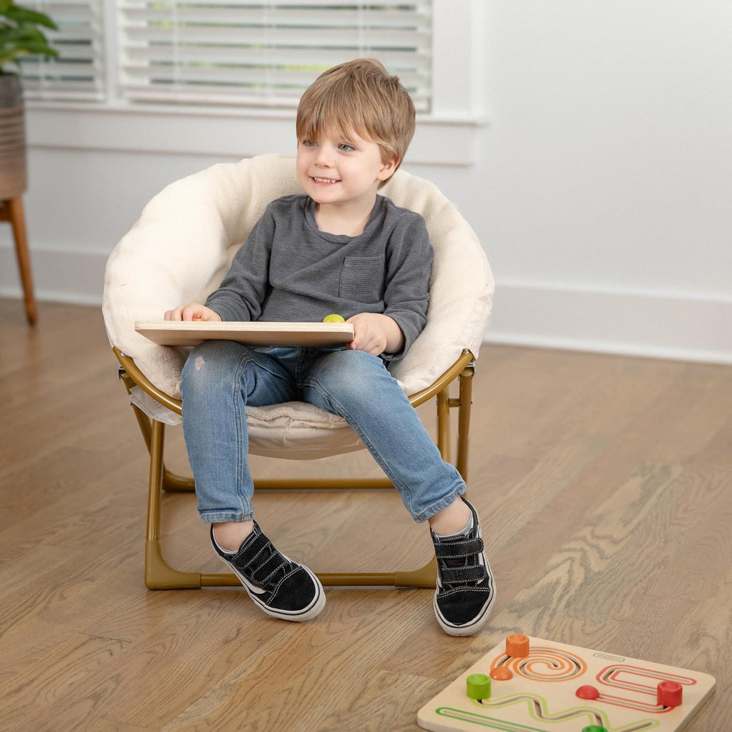 imageFlash Furniture Gwen Kids Cozy Mini Folding Saucer Chair Navy Faux Fur Moon Chair Soft Gold Metal Frame 23quot Portable Folding Chair For Living Room or BedroomIvory Faux FurSoft Gold Frame