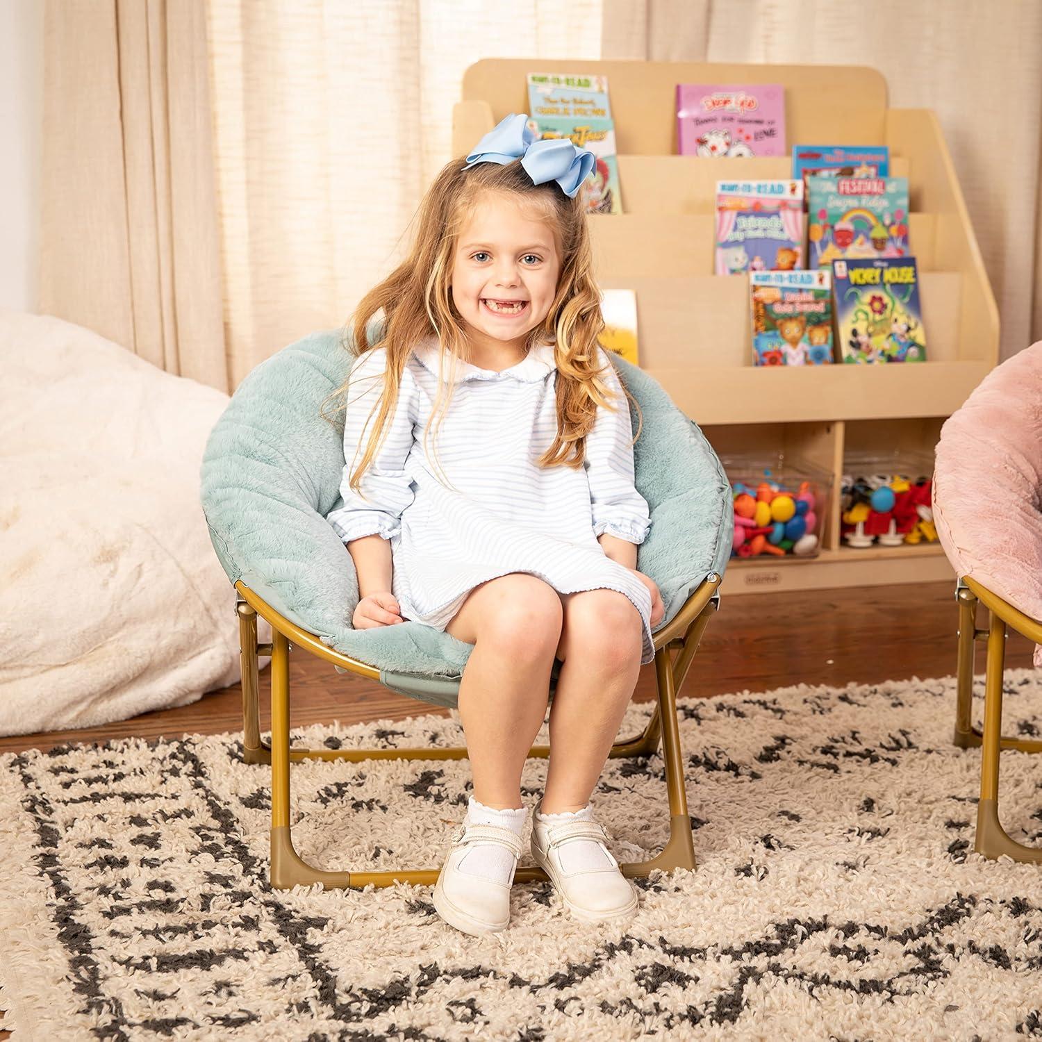 imageFlash Furniture Gwen Kids Cozy Mini Folding Saucer Chair Navy Faux Fur Moon Chair Soft Gold Metal Frame 23quot Portable Folding Chair For Living Room or BedroomDusty AquaSoft Gold