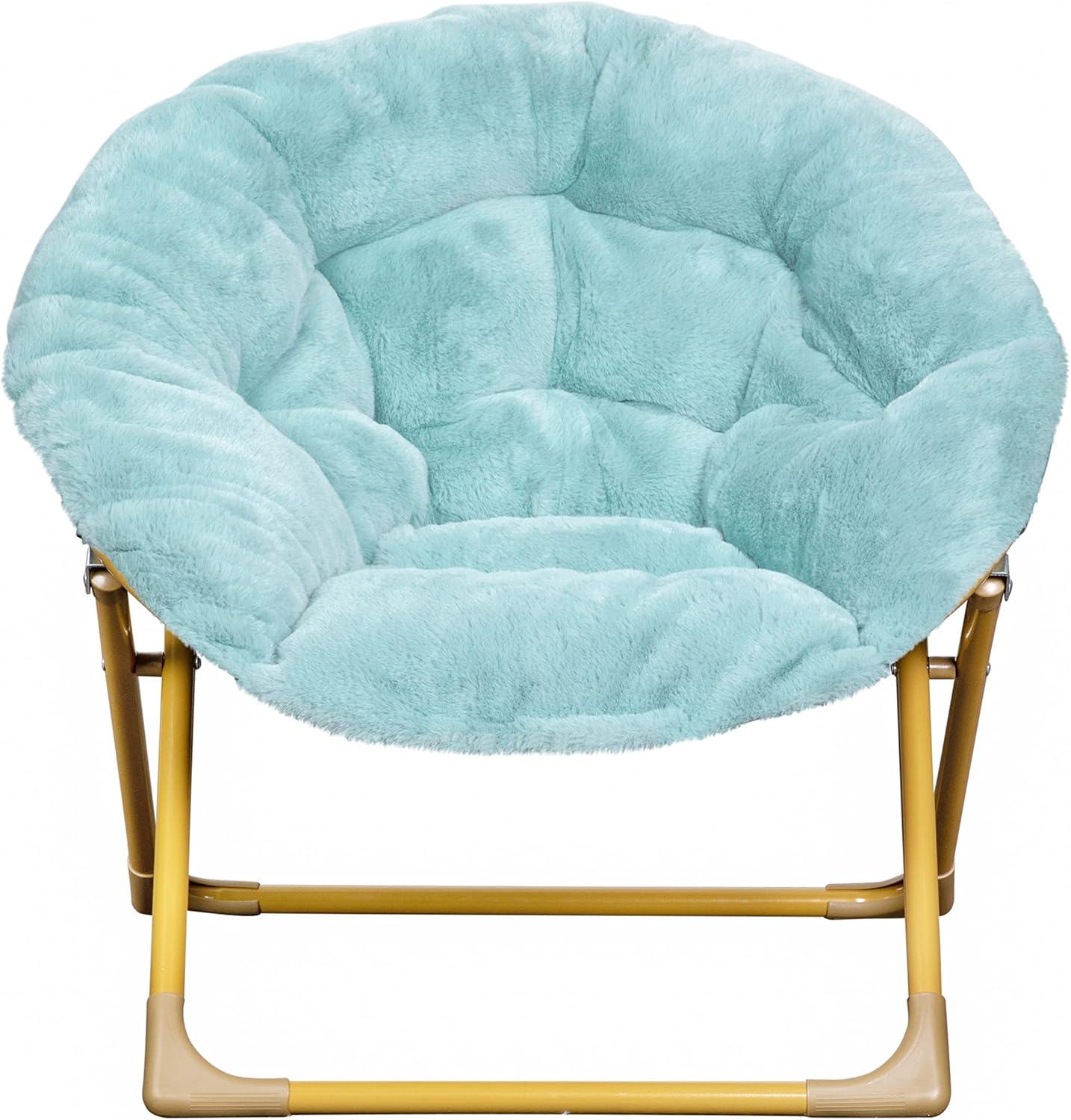 imageFlash Furniture Gwen Kids Cozy Mini Folding Saucer Chair Navy Faux Fur Moon Chair Soft Gold Metal Frame 23quot Portable Folding Chair For Living Room or BedroomDusty AquaSoft Gold