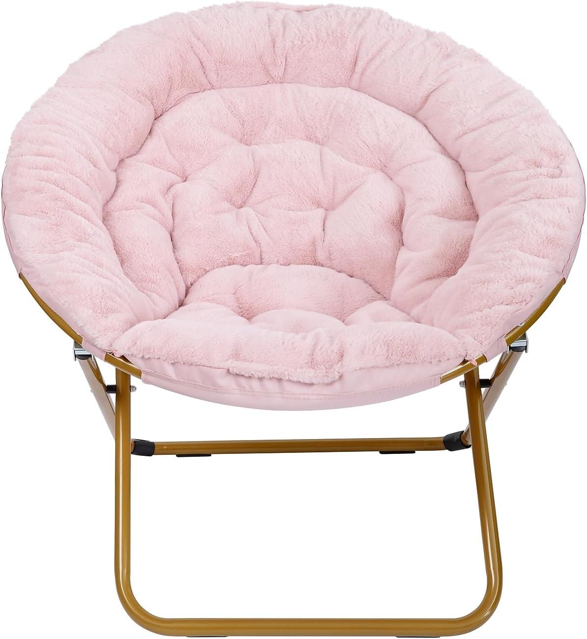 imageFlash Furniture Gwen Oversize Folding Saucer Chair Blush Faux Fur Moon Chair Soft Gold Metal Frame 38quot Portable Folding Chair for Dorm and BedroomBlushSoft Gold