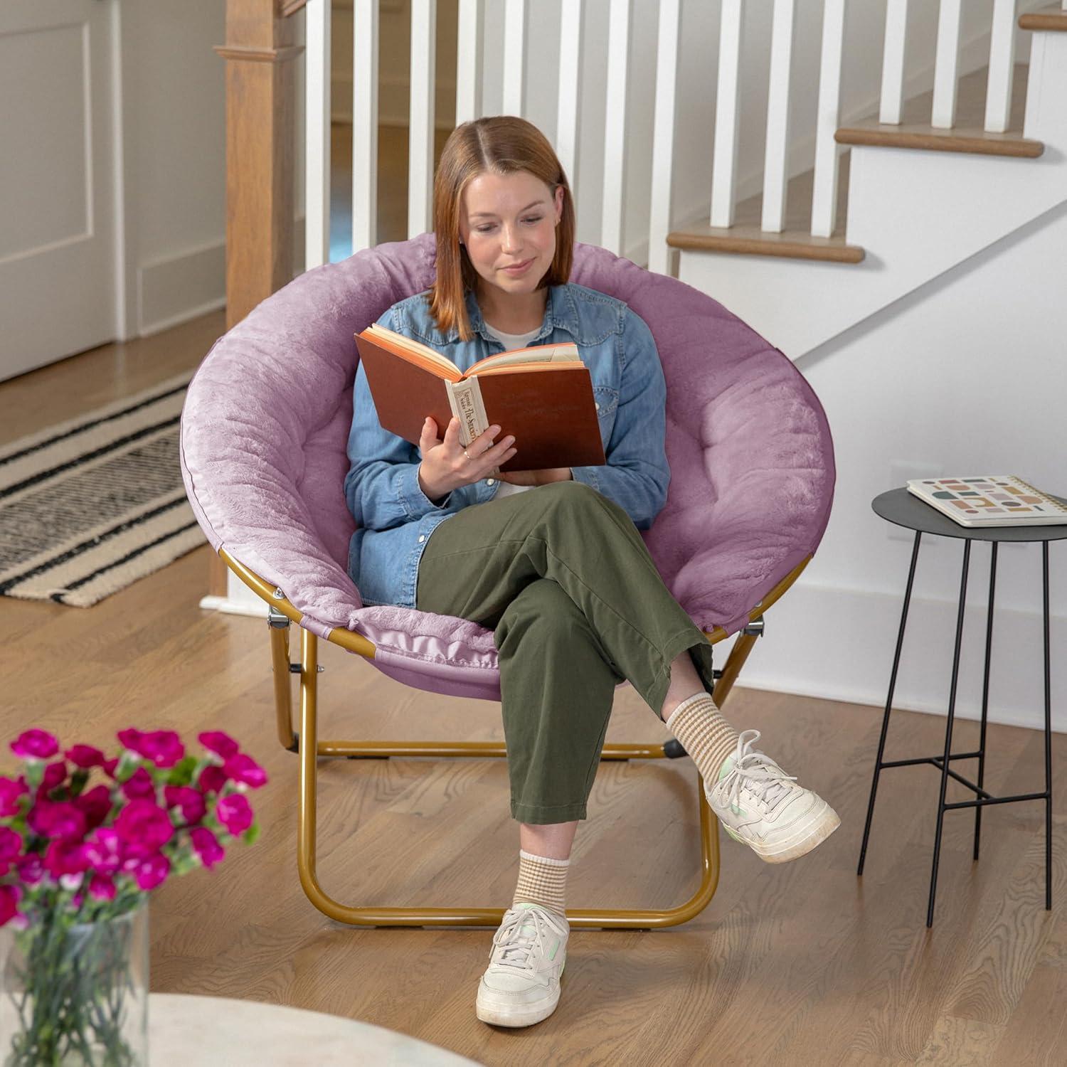 imageFlash Furniture Gwen Oversize Folding Saucer Chair Blush Faux Fur Moon Chair Soft Gold Metal Frame 38quot Portable Folding Chair for Dorm and BedroomDusty Purple Fabric Soft Gold