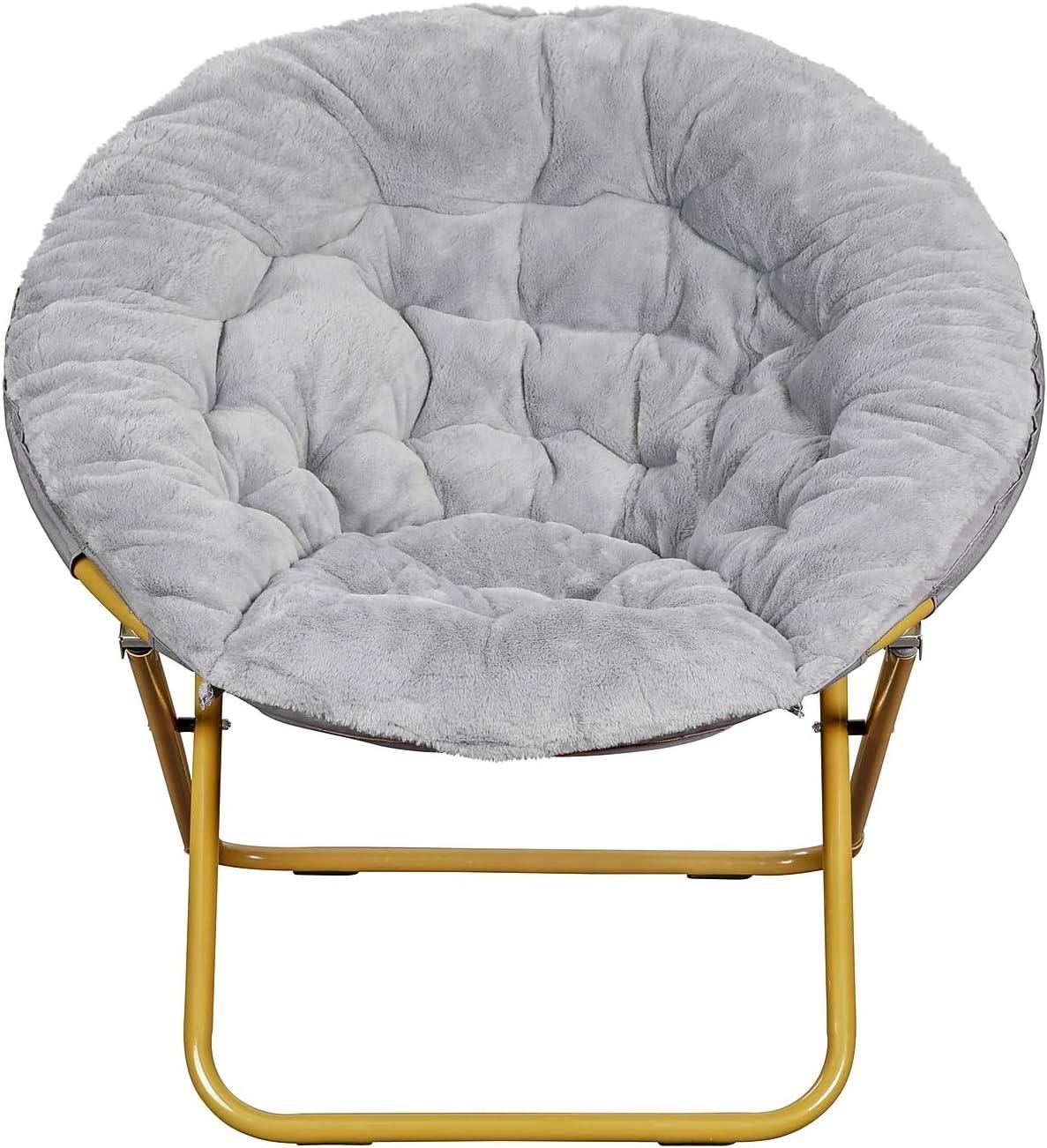 imageFlash Furniture Gwen Oversize Folding Saucer Chair Blush Faux Fur Moon Chair Soft Gold Metal Frame 38quot Portable Folding Chair for Dorm and BedroomGraySoft Gold