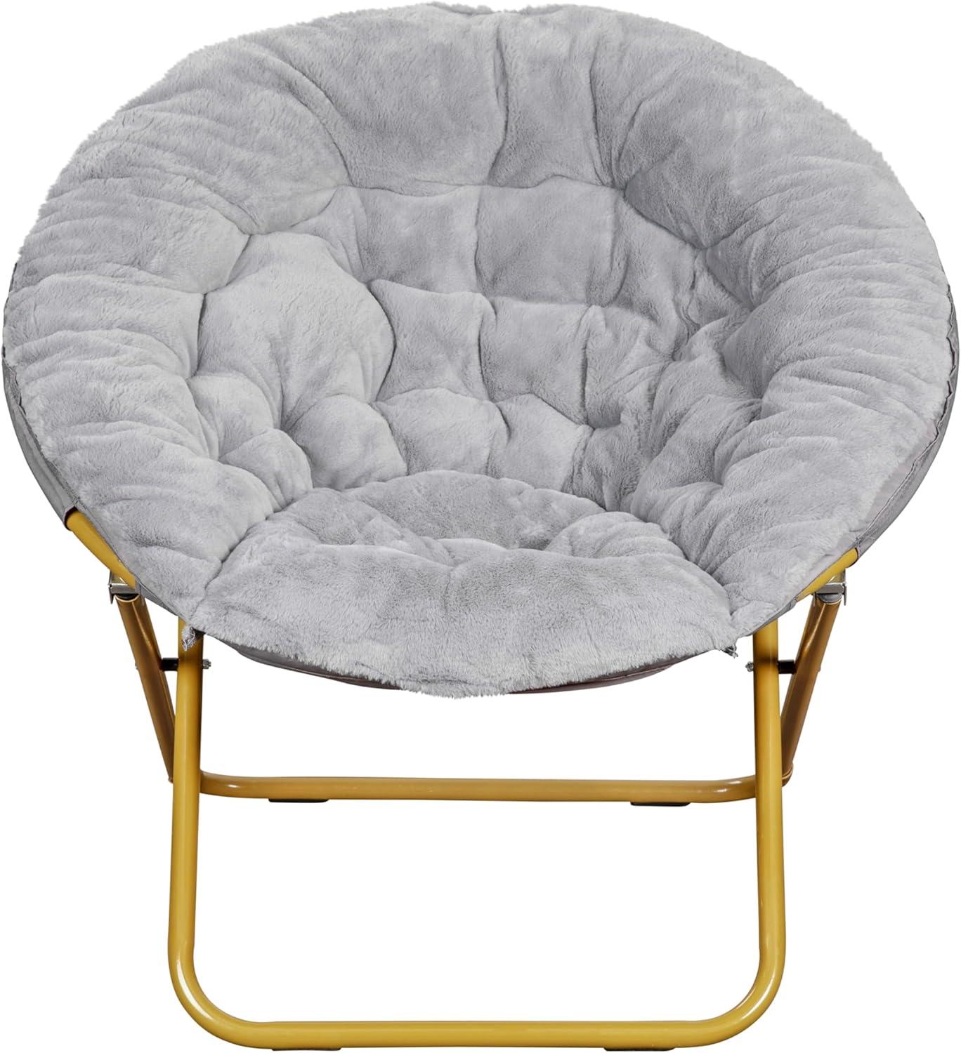 imageFlash Furniture Gwen Oversize Folding Saucer Chair Blush Faux Fur Moon Chair Soft Gold Metal Frame 38quot Portable Folding Chair for Dorm and BedroomGray FabricSoft Gold Frame