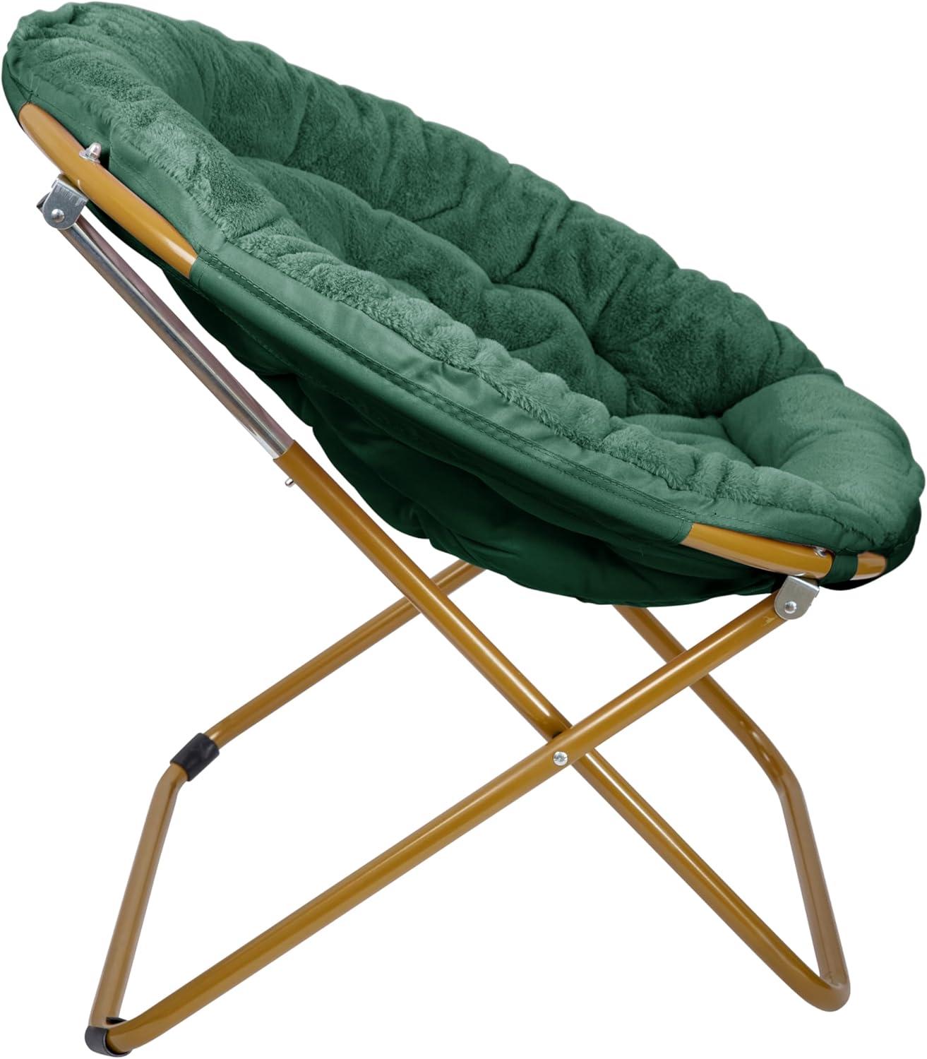imageFlash Furniture Gwen Oversize Folding Saucer Chair Blush Faux Fur Moon Chair Soft Gold Metal Frame 38quot Portable Folding Chair for Dorm and BedroomEmerald Fabric Soft Gold