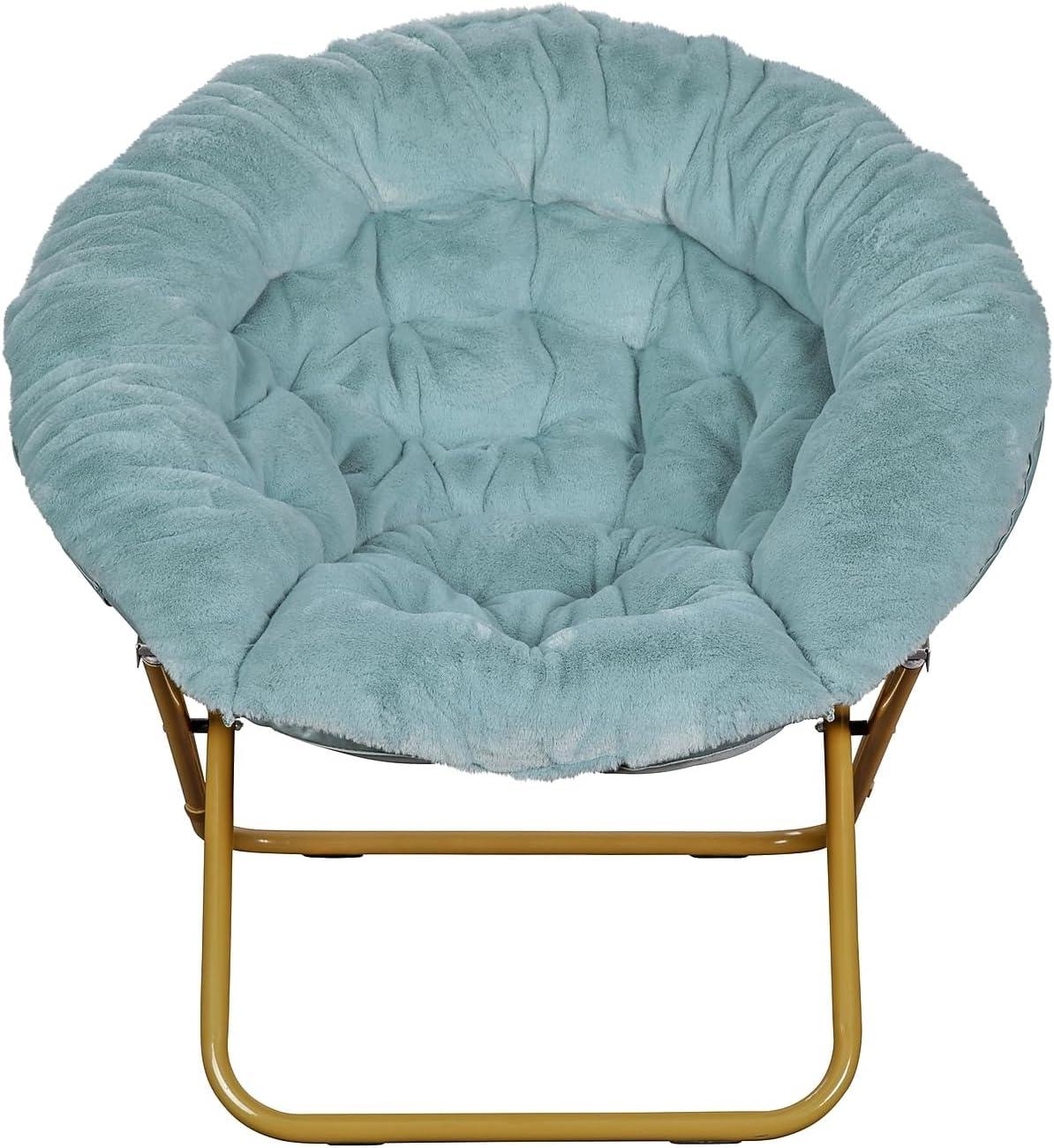 imageFlash Furniture Gwen Oversize Folding Saucer Chair Blush Faux Fur Moon Chair Soft Gold Metal Frame 38quot Portable Folding Chair for Dorm and BedroomDusty AquaSoft Gold