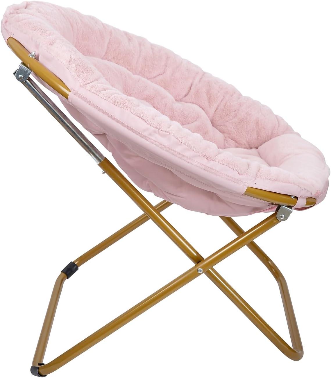 imageFlash Furniture Gwen Oversize Folding Saucer Chair Blush Faux Fur Moon Chair Soft Gold Metal Frame 38quot Portable Folding Chair for Dorm and BedroomBlushSoft Gold