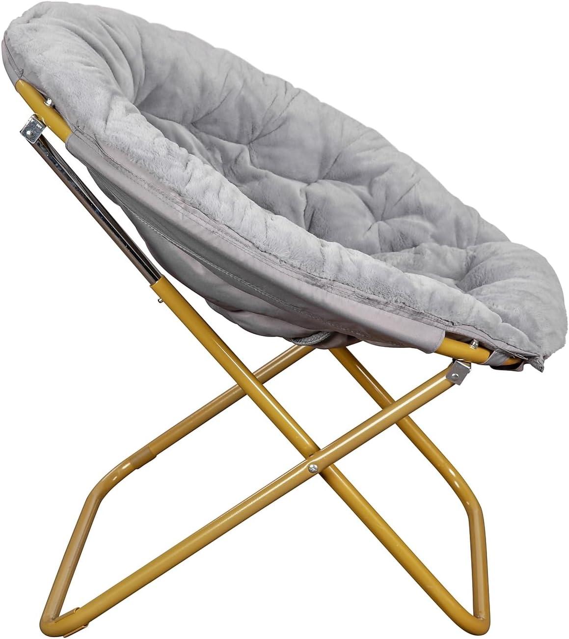 imageFlash Furniture Gwen Oversize Folding Saucer Chair Blush Faux Fur Moon Chair Soft Gold Metal Frame 38quot Portable Folding Chair for Dorm and BedroomGraySoft Gold