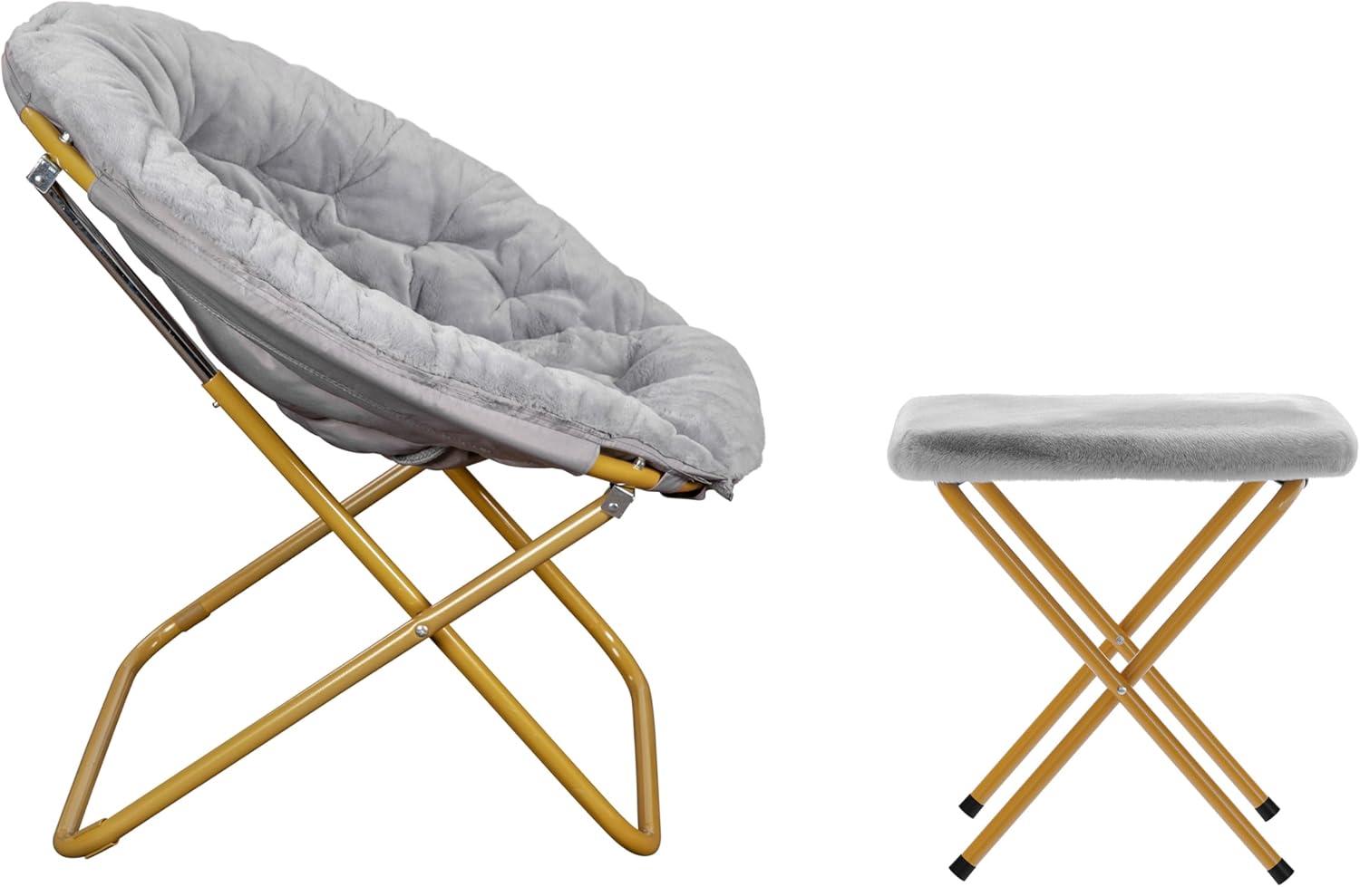imageFlash Furniture Gwen Oversize Folding Saucer Chair Blush Faux Fur Moon Chair Soft Gold Metal Frame 38quot Portable Folding Chair for Dorm and BedroomGray FabricSoft Gold Frame