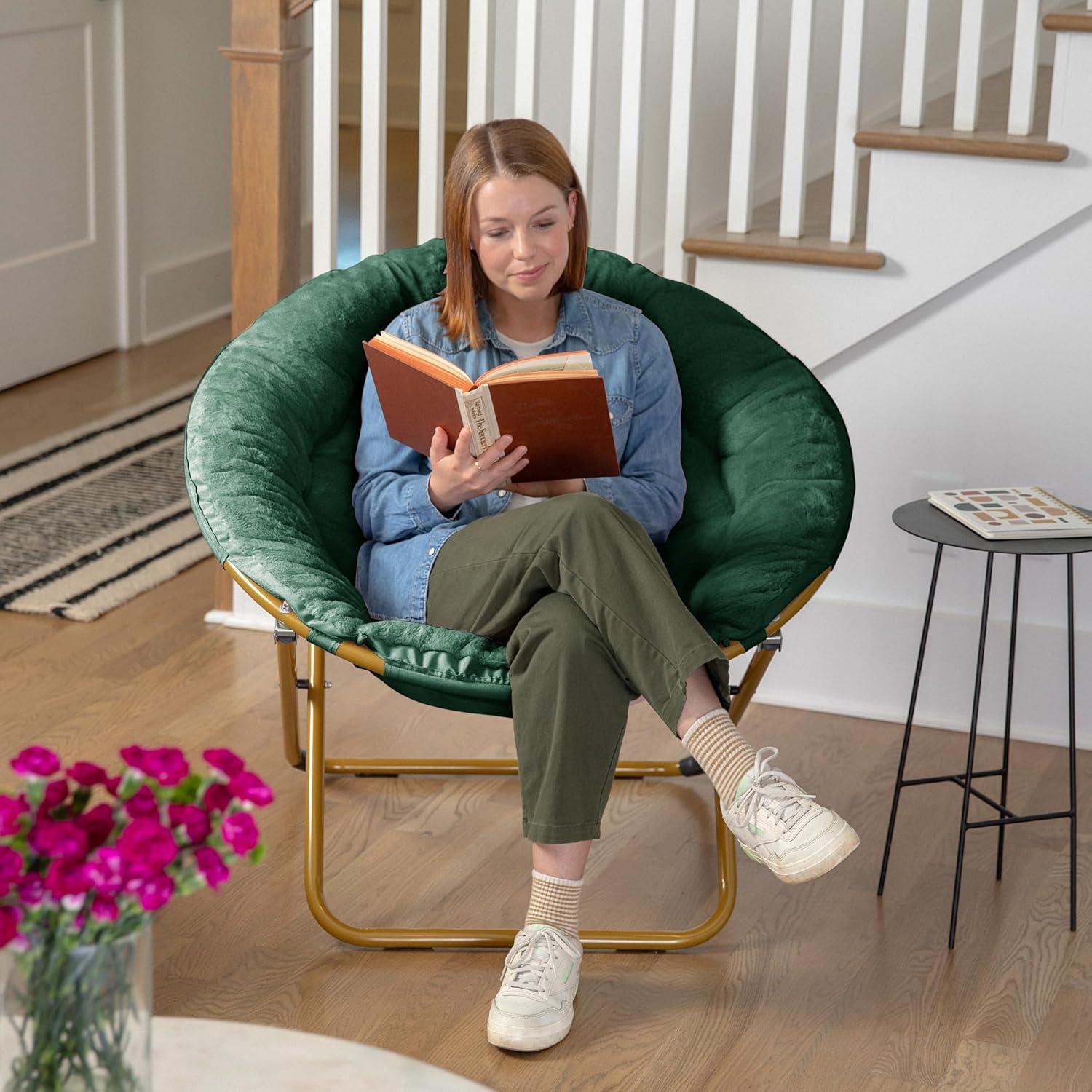 imageFlash Furniture Gwen Oversize Folding Saucer Chair Blush Faux Fur Moon Chair Soft Gold Metal Frame 38quot Portable Folding Chair for Dorm and BedroomEmerald Fabric Soft Gold