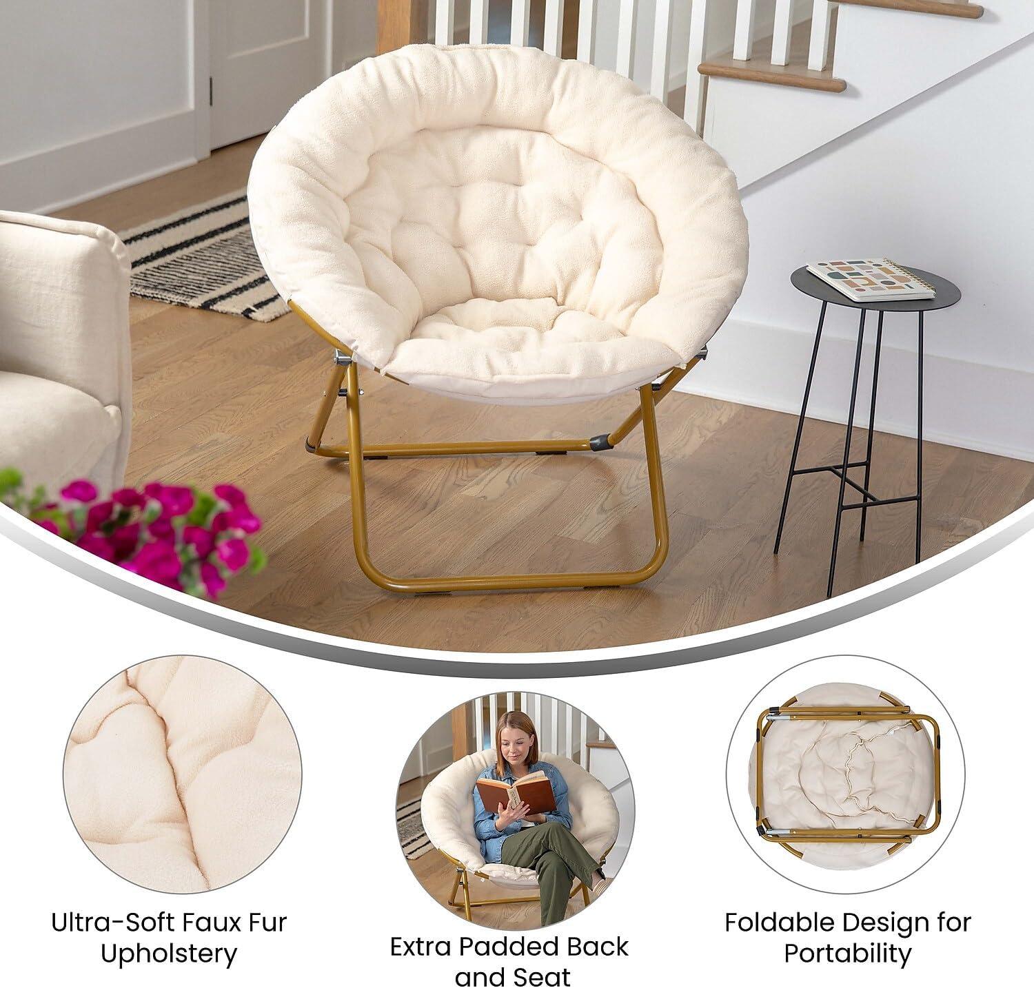 imageFlash Furniture Gwen Oversize Folding Saucer Chair Blush Faux Fur Moon Chair Soft Gold Metal Frame 38quot Portable Folding Chair for Dorm and BedroomIvorySoft Gold