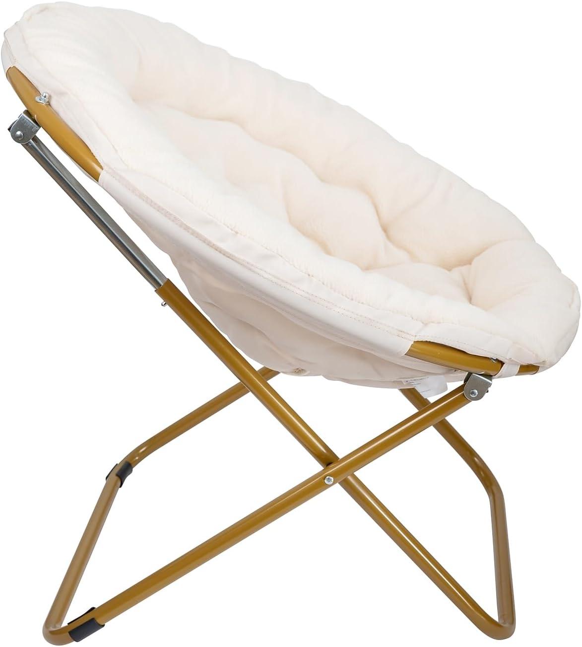imageFlash Furniture Gwen Oversize Folding Saucer Chair Blush Faux Fur Moon Chair Soft Gold Metal Frame 38quot Portable Folding Chair for Dorm and BedroomIvorySoft Gold