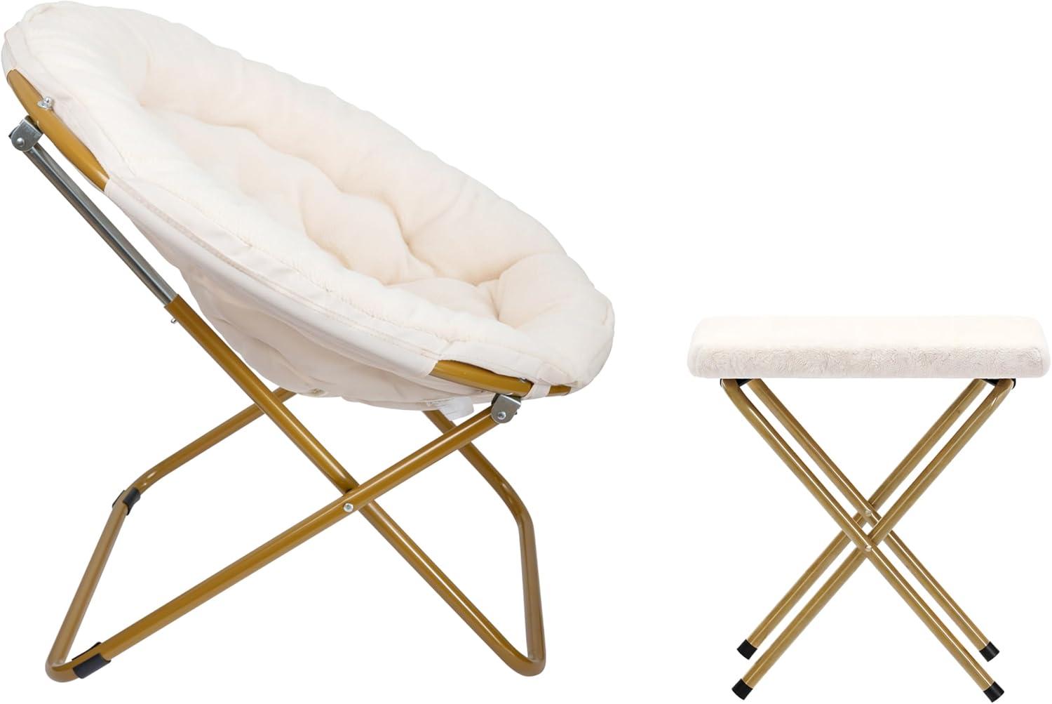 imageFlash Furniture Gwen Oversize Folding Saucer Chair Blush Faux Fur Moon Chair Soft Gold Metal Frame 38quot Portable Folding Chair for Dorm and BedroomIvory Faux Shearling FabricSoft Gold Frame