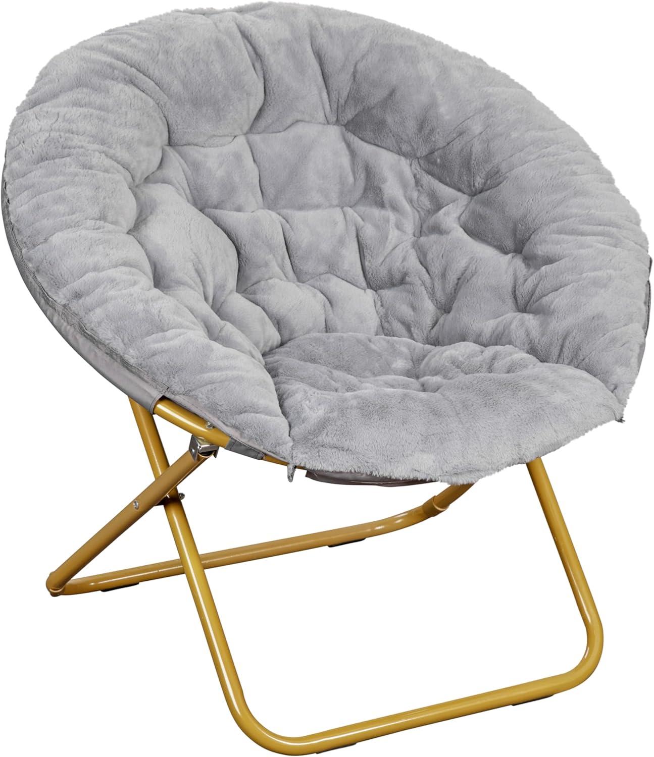 imageFlash Furniture Gwen Oversize Folding Saucer Chair Blush Faux Fur Moon Chair Soft Gold Metal Frame 38quot Portable Folding Chair for Dorm and BedroomGray FabricSoft Gold Frame