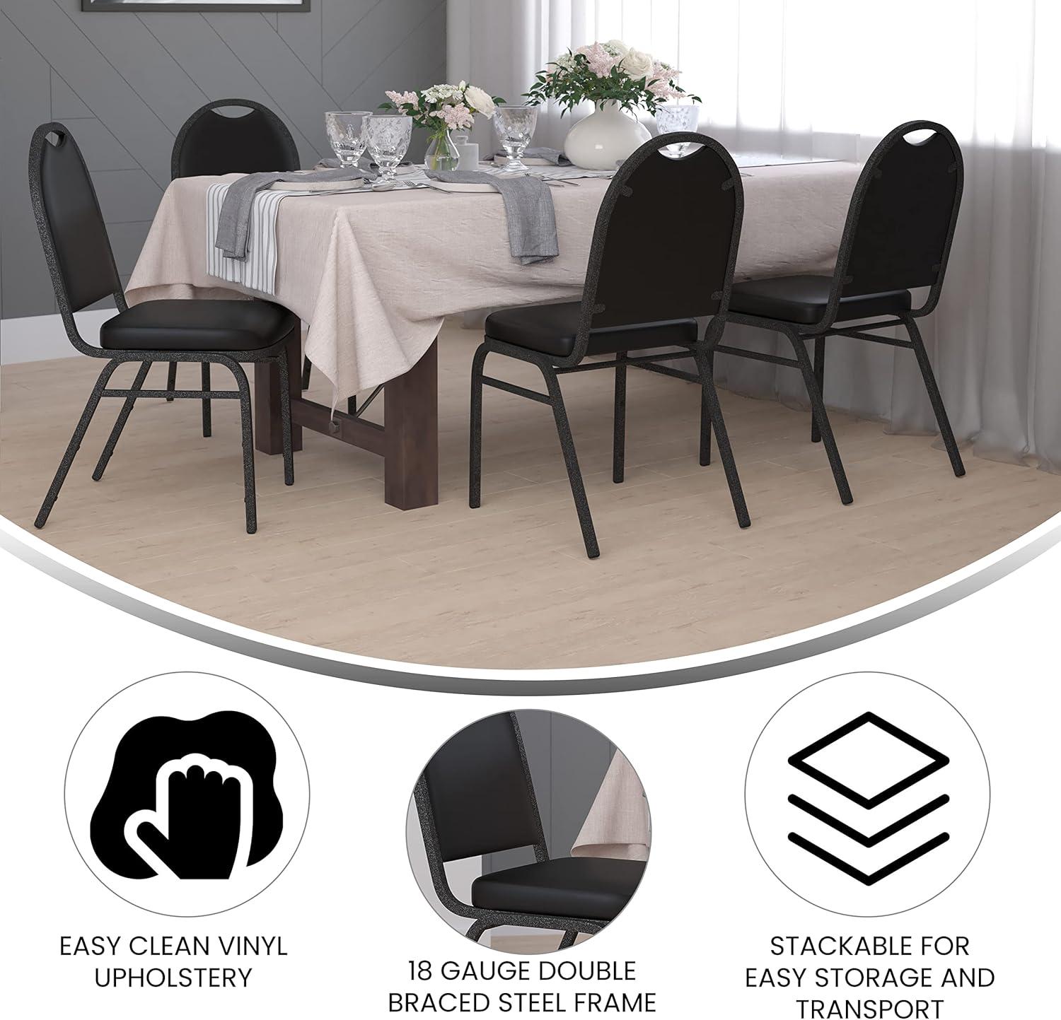 imageFlash Furniture HERCULES Commercial Grade 500 LB Capacity Dome Back Stack Chair Black Vinyl Upholstery Black Metal Frame BuiltIn HandleBlack VinylSilver Vein Frame