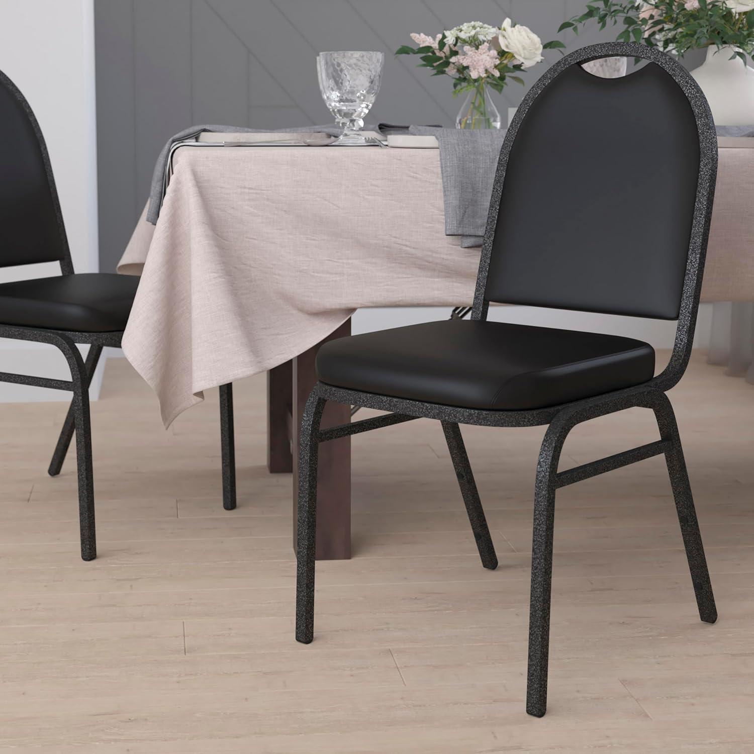 imageFlash Furniture HERCULES Commercial Grade 500 LB Capacity Dome Back Stack Chair Black Vinyl Upholstery Black Metal Frame BuiltIn HandleBlack VinylSilver Vein Frame