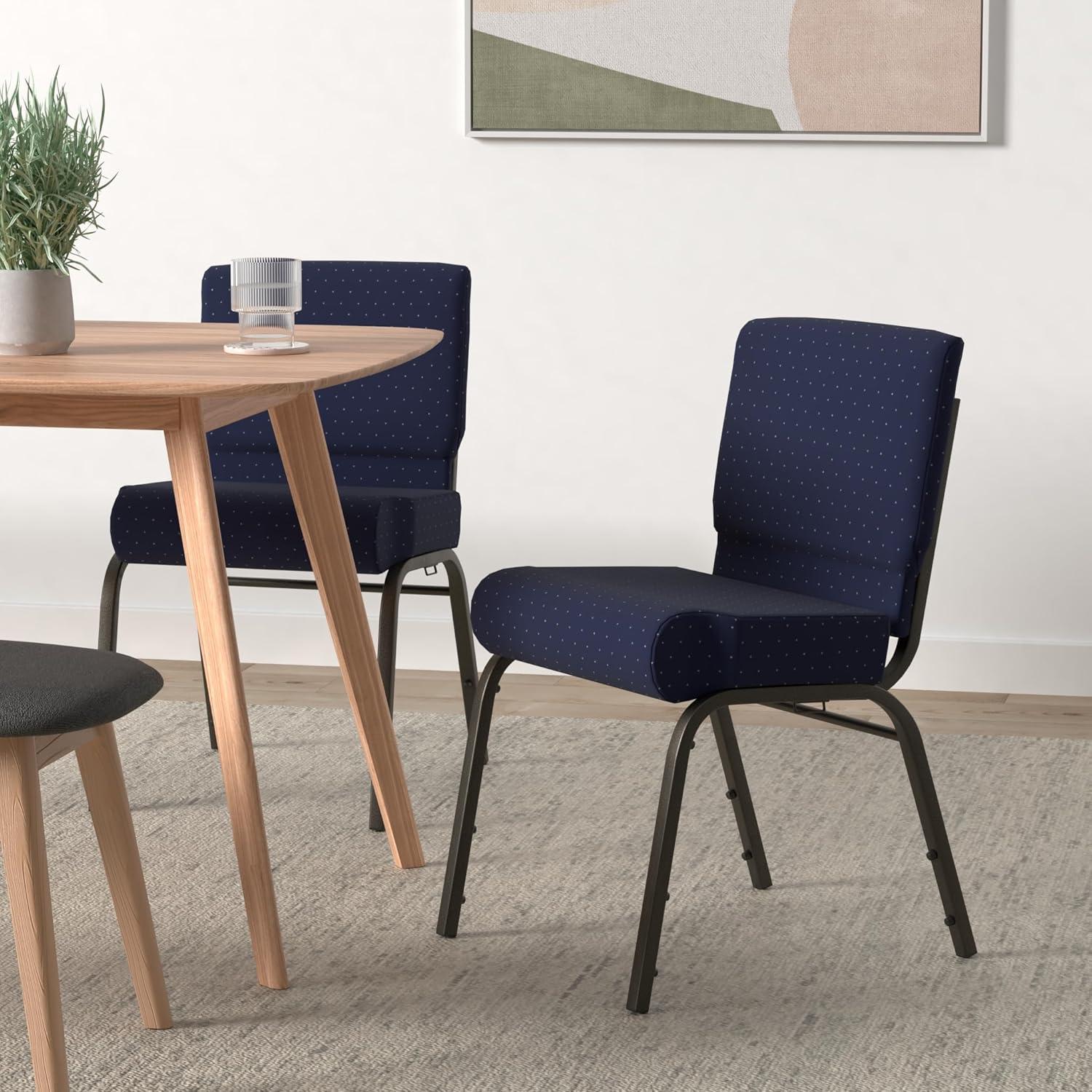 imageFlash Furniture HERCULES Series 21W Stacking Church Chair in Black Dot Patterned Fabric Gold Vein FrameNavy Blue Dot Patterned FabricGold Vein Frame