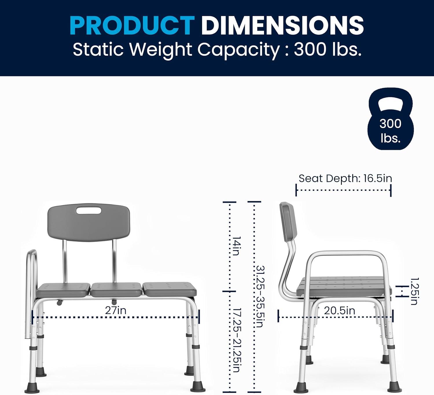 imageFlash Furniture HERCULES Series 300 Lb Capacity Adjustable Gray Bath ampamp Shower Transfer Bench with Back and Side ArmGrey