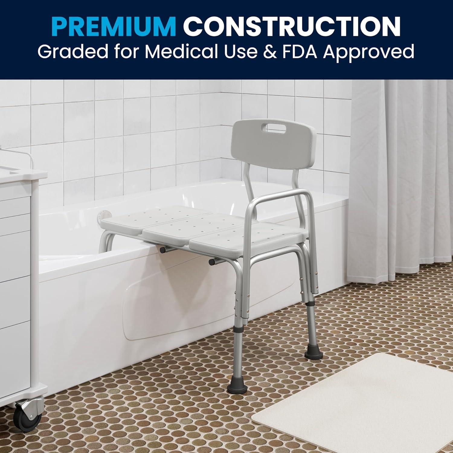 imageFlash Furniture HERCULES Series 300 Lb Capacity Adjustable Gray Bath ampamp Shower Transfer Bench with Back and Side ArmWhite