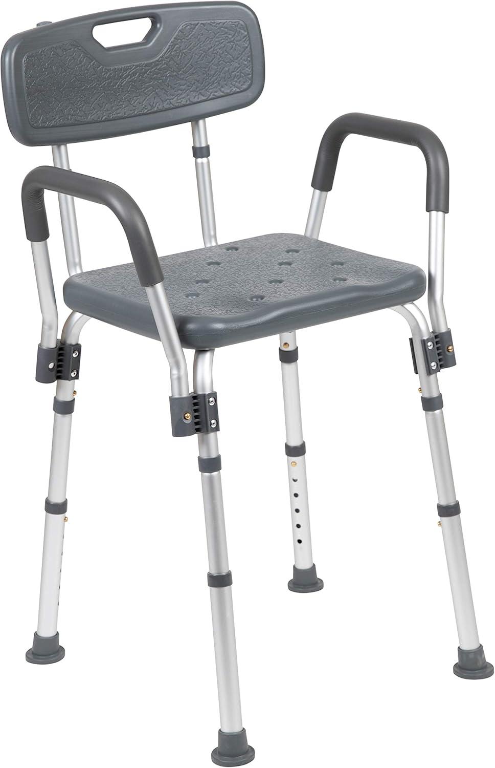 imageFlash Furniture HERCULES Series 300 Lb Capacity Adjustable White Bath ampamp Shower Chair with Quick Release Back ampamp ArmsGrey